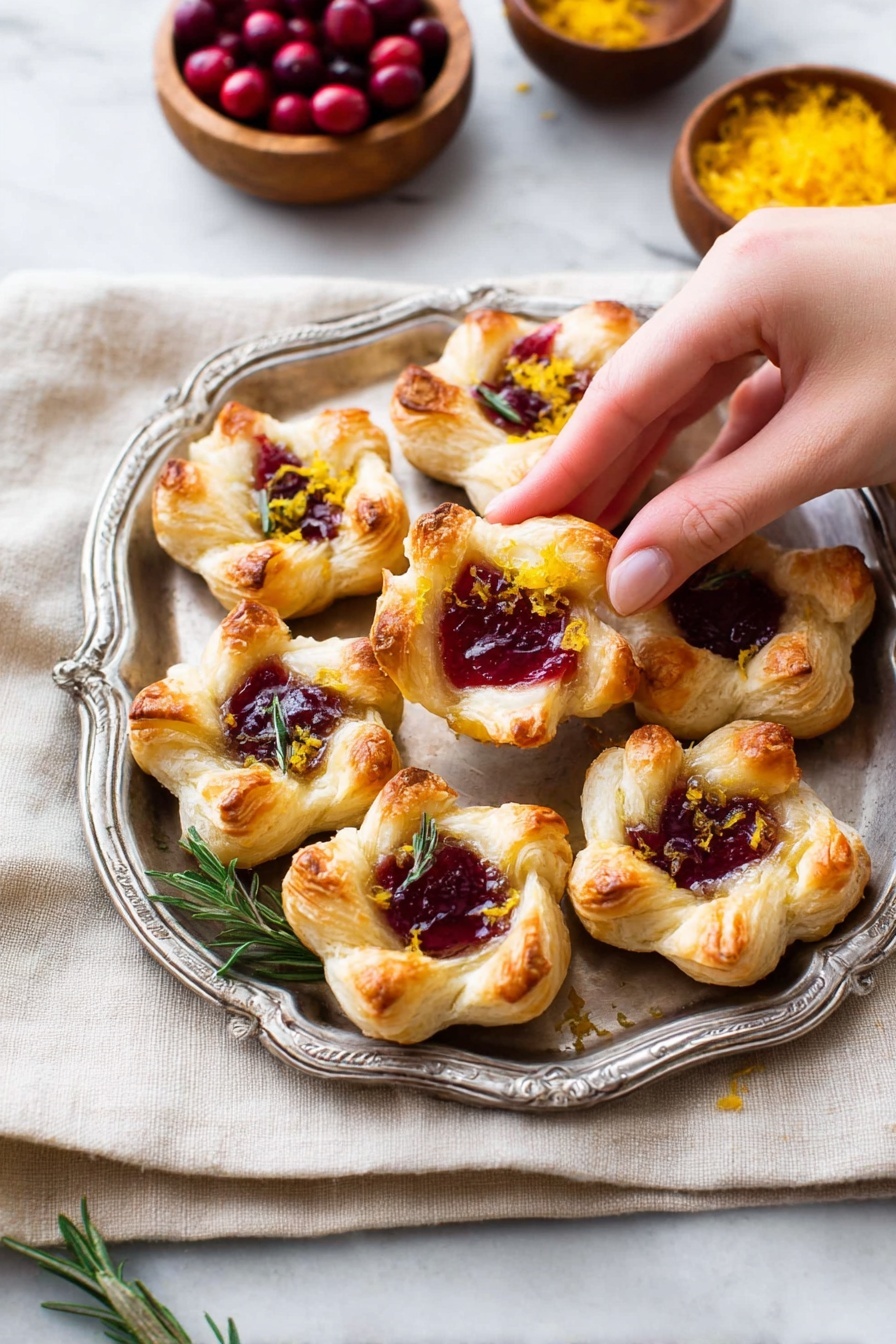 A silver tray holds eight puff pastries, each shaped like a flower with four golden-brown, flaky petals curved upward around a deep red, glossy filling in the center. Some pastries have small green rosemary sprigs on top, while others are decorated with bright yellow zest. The tray rests on a light beige cloth over a white marbled surface. In the background, there are two small wooden bowls, one filled with whole fresh cranberries and the other with orange zest. A woman's hand is reaching to pick up one of the pastries. Photo taken with an iphone --ar 2:3 --v 7 - Cranberry Brie Puff Pastry Bites, holiday appetizer ideas, easy puff pastry appetizers, festive party snacks, cheesy cranberry bites