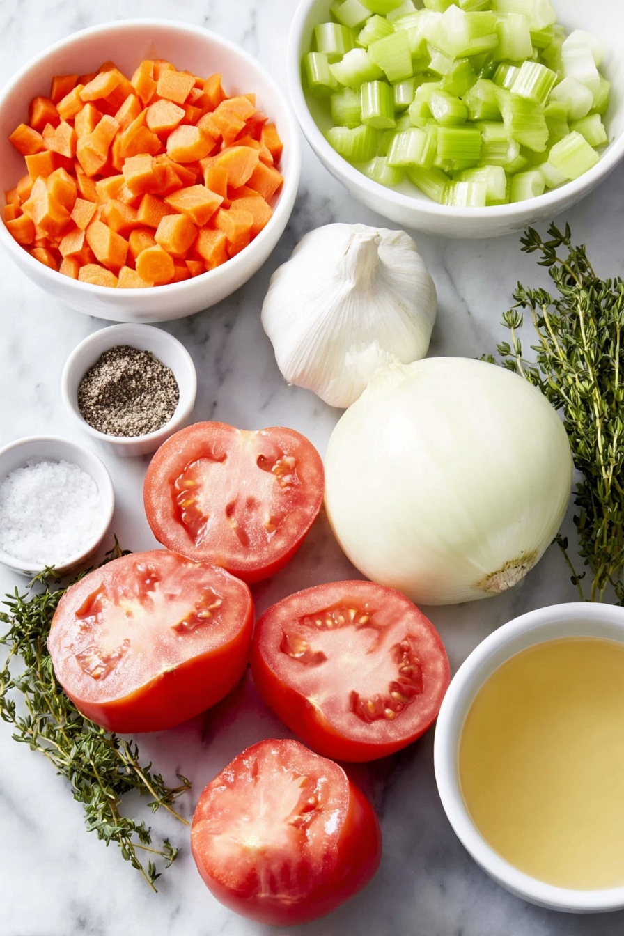 Flat lay of ripe halved roma tomatoes with vibrant red flesh, a whole bulb of garlic with papery white skin, fresh green thyme sprigs, a large peeled and diced white onion, bright orange shredded carrots, crisp light green diced celery stalks, a handful of fresh chopped basil leaves, a small white bowl of smooth cream, a small white bowl of golden chicken broth, and small white bowls of coarse salt and black peppercorns, all arranged in perfect symmetry with balanced proportions on a clean white marble surface, soft natural light, photo taken with an iPhone, professional food photography style, fresh ingredients, white ceramic bowls, no bottles, no duplicates, no utensils, no packaging --ar 2:3 --v 7 --p m7354615311229779997 - Roasted Tomato Soup with Basil and Cream, roasted tomato soup, creamy tomato basil soup, easy roasted tomato soup, comforting tomato soup