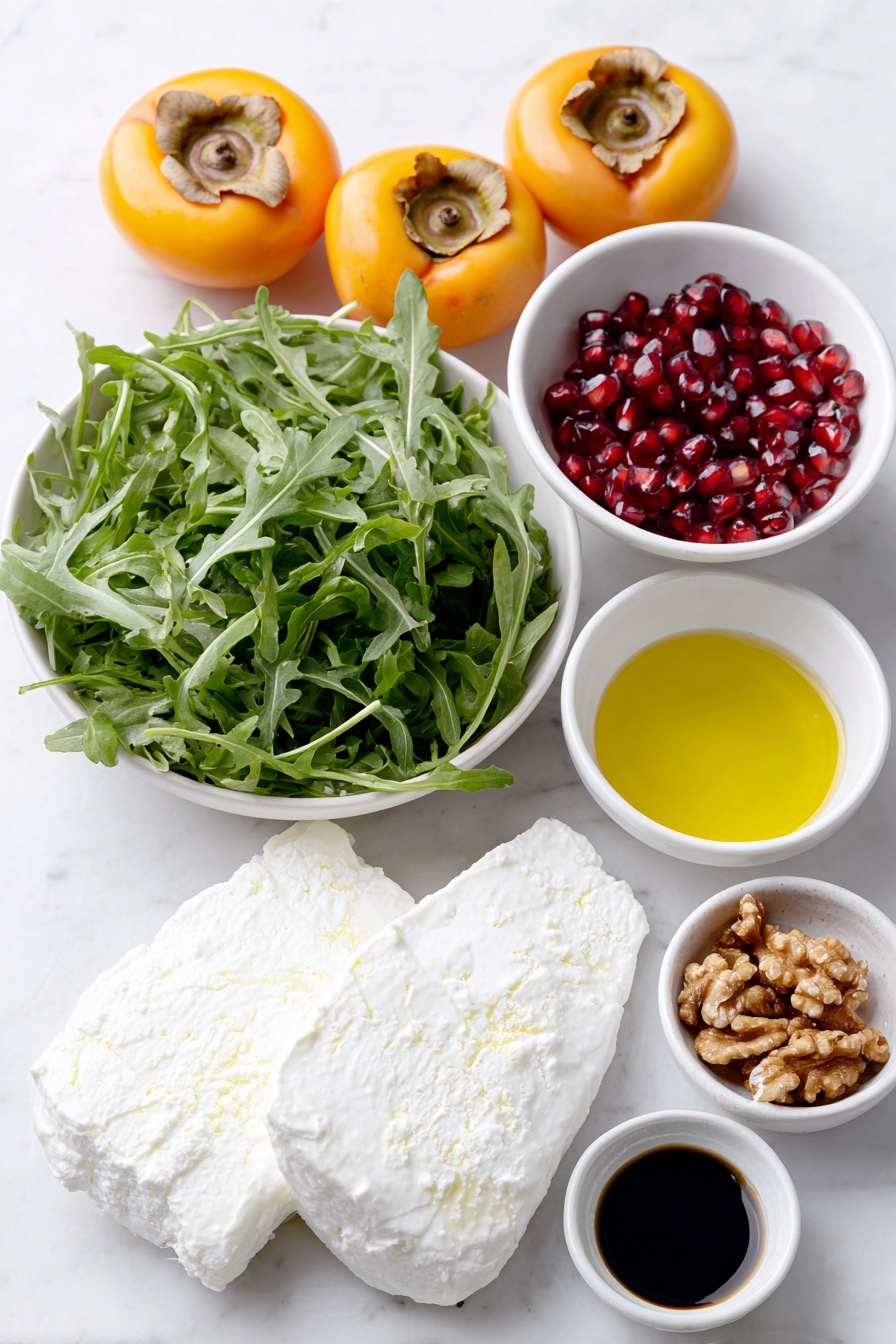 Flat lay of fresh arugula leaves arranged neatly, two whole Fuyu persimmons sliced into wedges showing bright orange flesh, a small pile of raw walnuts with natural textures, torn pieces of creamy white burrata cheese, a small white bowl filled with ruby red pomegranate seeds, and two small white bowls containing dark balsamic vinegar and golden olive oil placed side by side, along with a tiny white bowl of amber maple syrup and a tiny white bowl of fine white salt, all ingredients symmetrically spaced on a clean white marble surface, soft natural light, photo taken with an iPhone, professional food photography style, fresh ingredients, white ceramic bowls, no bottles, no duplicates, no utensils, no packaging --ar 2:3 --v 7 --p m7354615311229779997 - Persimmon Burrata Salad with Pomegranate, seasonal fall salad, easy fruit & cheese salad, festive healthy appetizer, quick holiday salad