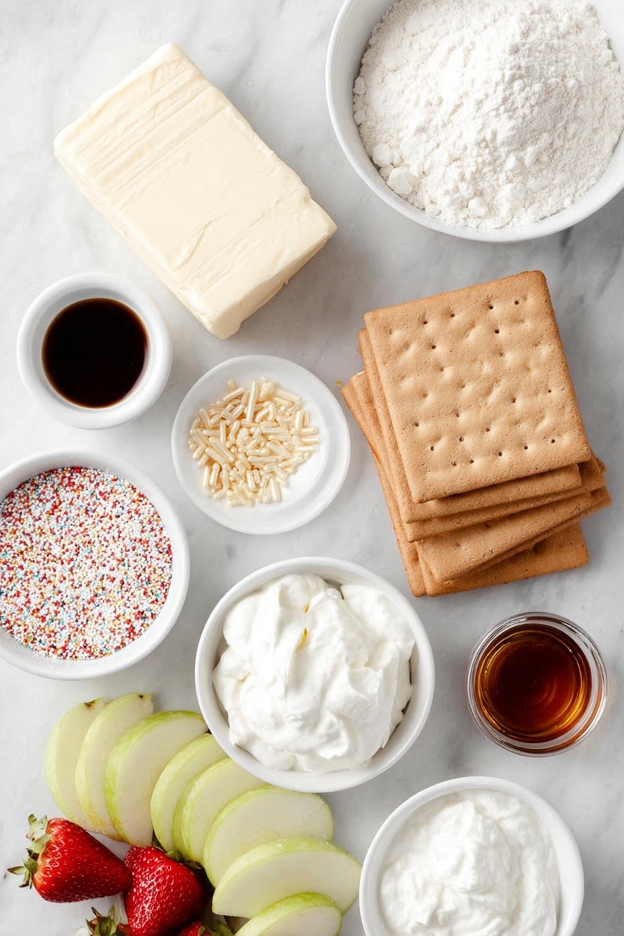 Flat lay of softened butter in a small white ceramic bowl, a block of cream cheese resting beside it, a small white bowl filled with fine white flour, a small white bowl containing smooth non-fat vanilla Greek yogurt, a small white bowl holding fluffy powdered sugar, a small white bowl with golden holiday sprinkles, a small white bowl with clear vanilla extract, a neat stack of rectangular graham crackers, fresh strawberries and sliced green apples arranged simply, all ingredients fresh and natural, perfect symmetry and balanced layout, placed on a clean white marble surface, soft natural light, photo taken with an iPhone, professional food photography style, fresh ingredients, white ceramic bowls, no bottles, no duplicates, no utensils, no packaging --ar 2:3 --v 7 --p m7354615311229779997 - Christmas Cookie Dough Dip, holiday cookie dip, festive cookie dough spread, quick Christmas appetizer, easy holiday dip