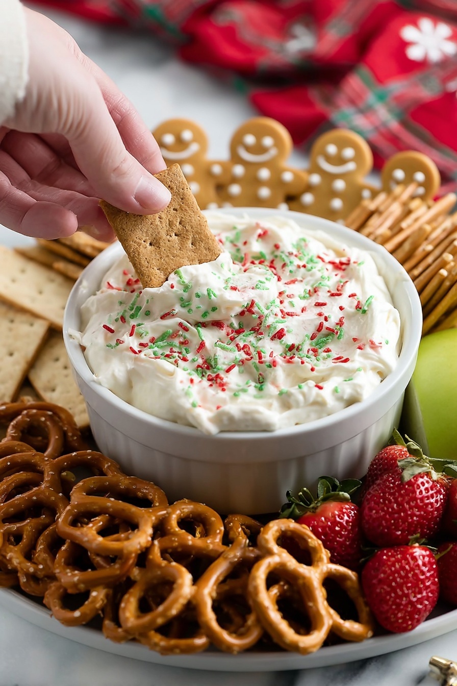 A close-up image of a white bowl filled with thick white cream cheese dip with red, green, and white sprinkles on top. A woman's hand is dipping a rectangular graham cracker into the bowl. Surrounding the bowl are clusters of gingerbread man-shaped cookies standing upright at the back, golden pretzels at the front, and more rectangular graham crackers stacked on the left side. Fresh strawberries and a green apple slice are positioned on the right. The entire plate is placed on a white marbled surface with a red and white cloth blurred in the background. Photo taken with an iphone --ar 2:3 --v 7 - Christmas Cookie Dough Dip, holiday cookie dip, festive cookie dough spread, quick Christmas appetizer, easy holiday dip