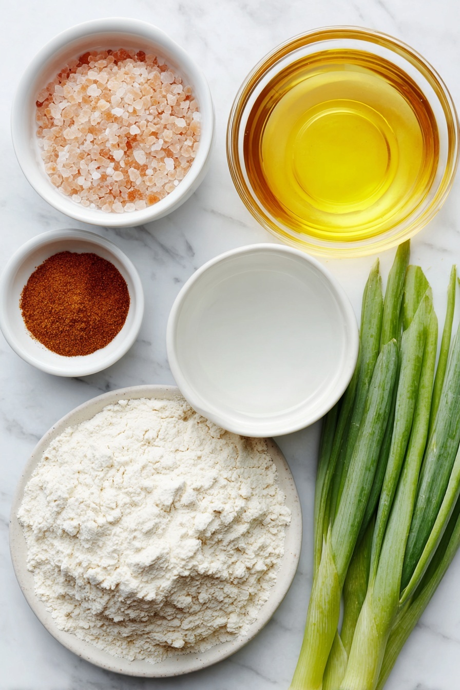 Flat lay of a small mound of all-purpose flour on a simple white ceramic plate, a tiny white ceramic bowl filled with coarse Himalayan pink salt, a small white ceramic bowl holding clear boiling water, another small white ceramic bowl with cold water, a small white ceramic bowl with golden vegetable oil, a small white ceramic bowl containing deep amber sesame oil, a neat bundle of fresh bright green scallion greens, and a small white ceramic bowl with reddish-brown Chinese five spice powder, all arranged in perfect symmetry, placed on a clean white marble surface, soft natural light, photo taken with an iPhone, professional food photography style, fresh ingredients, white ceramic bowls, no bottles, no duplicates, no utensils, no packaging --ar 2:3 --v 7 --p m7354615311229779997 - Chinese Scallion Pancakes, scallion pancake recipe, homemade scallion pancakes, crispy scallion pancakes, savory scallion pancakes