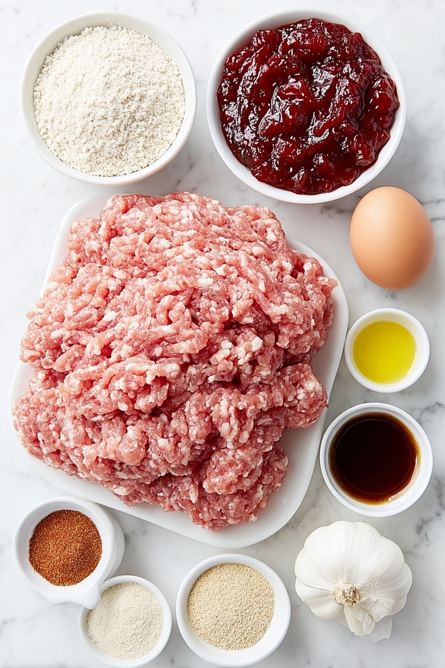 Flat lay of a portion of fresh ground turkey arranged in a neat mound, a single whole brown egg with a clean shell, a small white ceramic bowl filled with finely ground almond flour, a small white bowl with vibrant red homemade cranberry sauce, a small white bowl of thick dark reddish-brown BBQ sauce, two whole cloves of fresh garlic, a small white bowl of golden olive oil, a small white bowl containing a fine rust-colored paprika powder, a small white bowl of light beige ground mustard powder, a small white bowl with pale off-white onion powder, and a small white bowl of deep brown Worcestershire sauce, all arranged in perfect symmetry on a clean white marble surface, soft natural light, photo taken with an iPhone, professional food photography style, fresh ingredients, white ceramic bowls, no bottles, no duplicates, no utensils, no packaging --ar 2:3 --v 7 --p m7354615311229779997 - Cranberry BBQ Turkey Meatballs, easy festive meatballs, holiday appetizer recipes, cranberry sauce meatballs, savory turkey meatball ideas