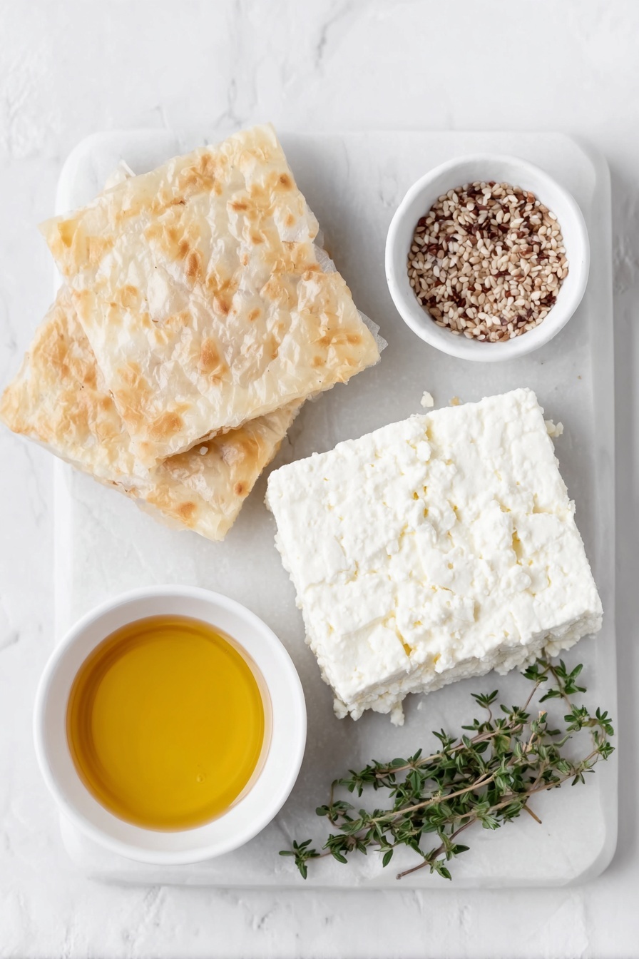 Flat lay of two blocks of crumbly white feta cheese, two delicate sheets of thin phyllo dough, a small white bowl filled with golden honey, a small white bowl with toasted sesame seeds, a few fresh thyme sprigs scattered elegantly, all arranged with perfect symmetry on a clean white marble surface, soft natural light, photo taken with an iPhone, professional food photography style, fresh ingredients, white ceramic bowls, no bottles, no duplicates, no utensils, no packaging --ar 2:3 --v 7 --p m7354615311229779997 - Baked Feta with Honey and Phyllo, baked feta appetizer, honey and feta dip, flaky phyllo feta, sweet and savory feta dish