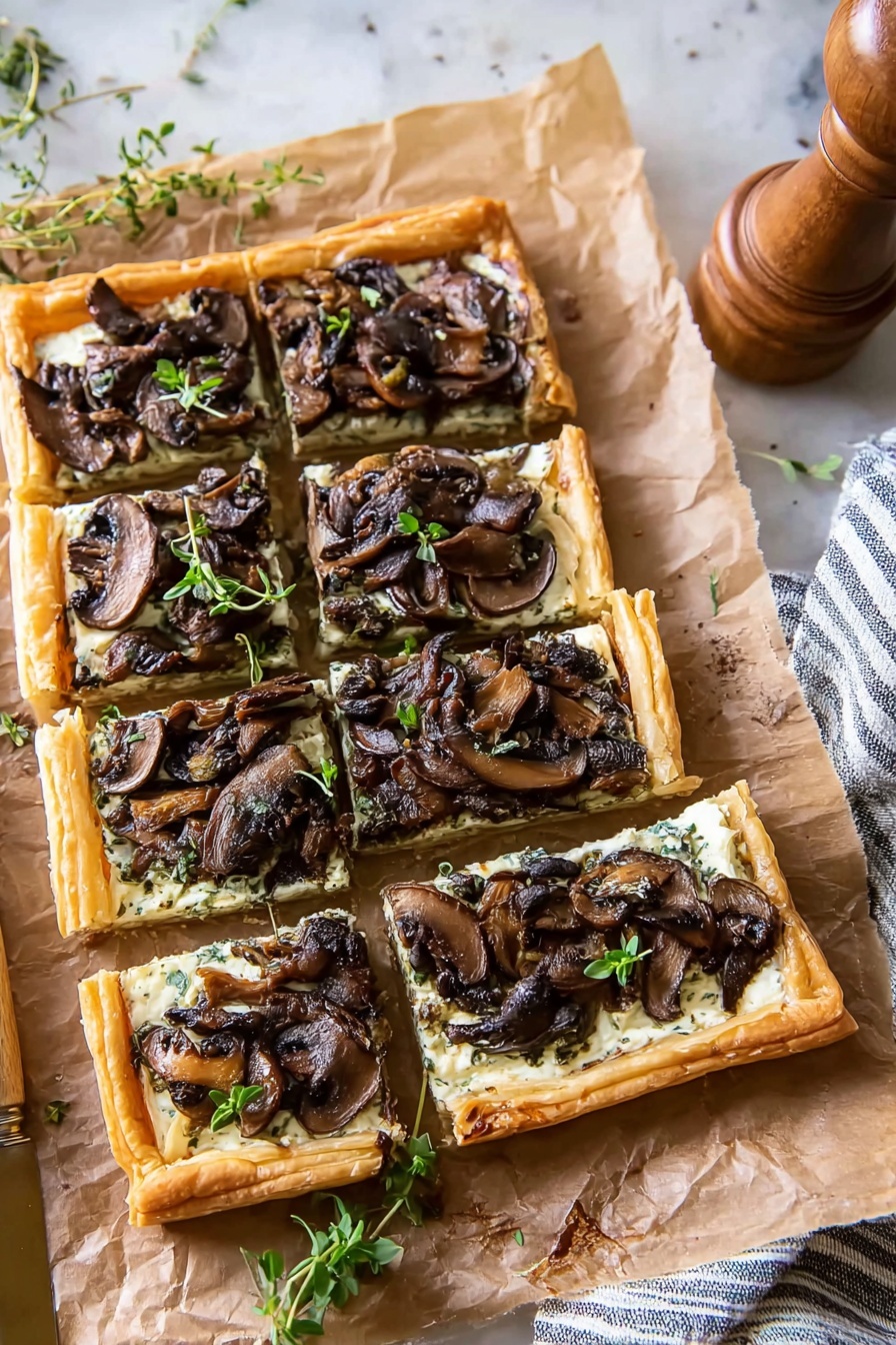 The image shows a rectangular tart placed on brown baking paper over a white marbled surface. The tart is divided into seven pieces with a golden brown, flaky crust that frames the filling. The first layer inside the crust is creamy and white, likely a cheese spread, topped with a thick layer of cooked mushrooms that are dark brown and slightly glossy. Small fresh green herb sprigs are scattered on and around the tart, adding a touch of color. A striped cloth is visible on the right side, and a wooden pepper grinder is positioned near the bottom right. The lighting is soft and natural, highlighting the textures of the tart and mushrooms. photo taken with an iphone --ar 2:3 --v 7 - Mushroom & Goat Cheese Puff Pastry Tart, Mushroom Tart with Goat Cheese, Flaky Puff Pastry Mushroom Tart, Easy Mushroom and Goat Cheese Tart, Vegetarian Puff Pastry Tart