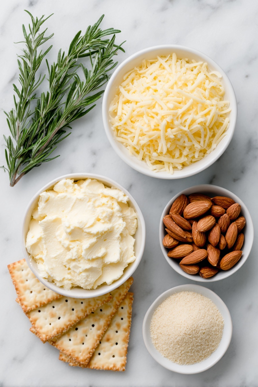 Flat lay of two small white ceramic bowls, one filled with smooth, creamy Neufchatel cheese, the other with finely shredded Gruyere cheese; a simple white ceramic bowl holding a pale golden powder of dry onion soup mix; a neat pile of whole toasted almonds and a separate small white bowl with delicate sliced toasted almonds; six fresh rosemary sprigs with vibrant green needles arranged elegantly; and a stack of golden wheat thin crackers fanned out on a plain white ceramic plate, all placed on a clean white marble surface, soft natural light, photo taken with an iPhone, professional food photography style, fresh ingredients, white ceramic bowls, no bottles, no duplicates, no utensils, no packaging --ar 2:3 --v 7 --p m7354615311229779997 - Pinecone Cheese Ball, festive appetizer, holiday cheese ball, cheese ball recipe, pinecone shaped cheese ball