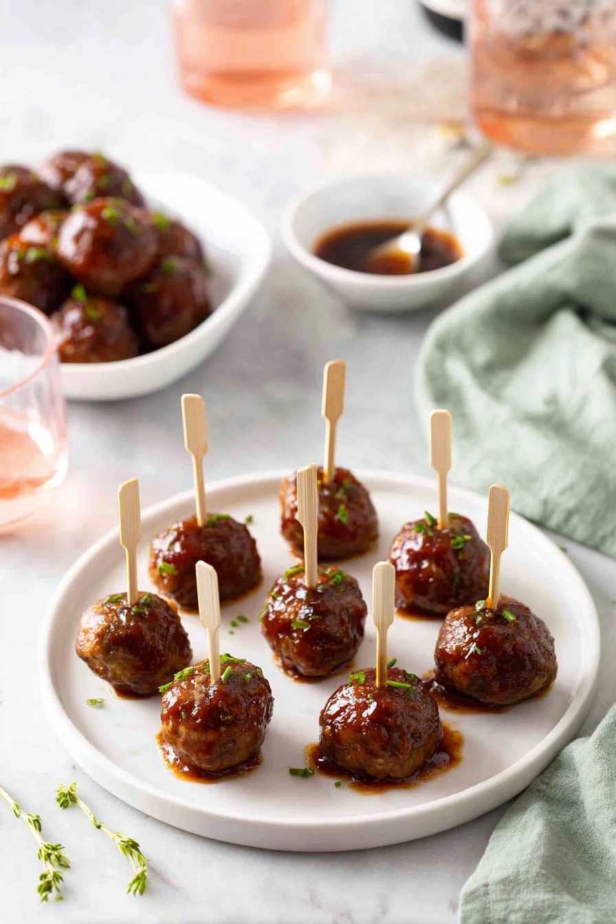 A round white plate on a white marbled surface holds twelve meatballs arranged with some space between them, each coated in a shiny dark brown sauce and topped with small green herbs. Each meatball has a small pale wooden skewer stuck vertically in it. In the background, there is another white bowl filled with more meatballs and a small white bowl with sauce and a spoon. Some scattered herbs and wooden skewers lie on the surface near the plate. A pale green cloth is bunched on the right side of the image and a glass of pink liquid is partially visible on the left side. Photo taken with an iphone --ar 2:3 --v 7 - Baked Cocktail Meatballs with Sweet and Sour Sauce, party meatball recipes, easy appetizer ideas, homemade sweet and sour sauce, juicy meatball recipes