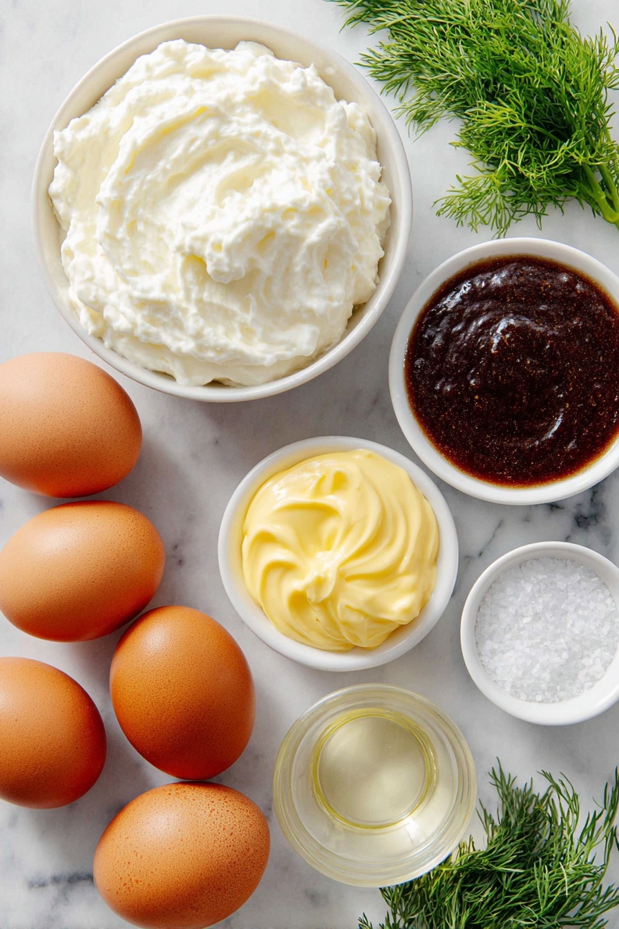 Flat lay of six whole uncracked large brown eggs, a small white ceramic bowl filled with creamy white mayonnaise, a small white bowl containing clear pale amber apple cider vinegar, a small white bowl with smooth golden Dijon mustard, a small white bowl holding a thick dark brown Worcestershire sauce, a small white bowl of fine white salt, and a few fresh green dill sprigs neatly arranged, all placed on a clean white marble surface, soft natural light, photo taken with an iPhone, professional food photography style, fresh ingredients, white ceramic bowls, no bottles, no duplicates, no utensils, no packaging --ar 2:3 --v 7 --p m7354615311229779997 - Perfect Deviled Eggs, deviled eggs recipe, easy deviled eggs, party appetizer ideas, creamy deviled eggs