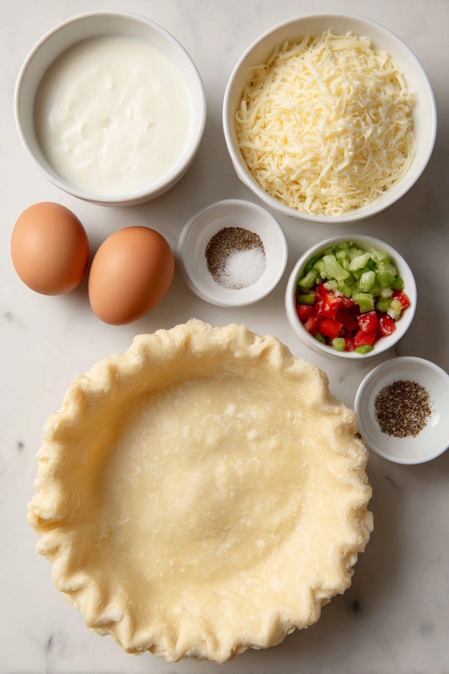 Flat lay of two unbaked flaky pie crust rounds, four whole brown eggs with smooth shells, a small white bowl of whole milk, a small white bowl of heavy cream, a small white bowl of mixed salt and black pepper, a small white bowl of mixed fresh diced vegetables and herbs as add-ins, a small white bowl of shredded cheese, all arranged in perfect symmetry on a clean white marble surface, soft natural light, photo taken with an iPhone, professional food photography style, fresh ingredients, white ceramic bowls, no bottles, no duplicates, no utensils, no packaging --ar 2:3 --v 7 --p m7354615311229779997 - Mini Quiches with Flaky Pie Crust, mini quiche recipe, savory mini quiches, easy brunch appetizers, bite-sized quiche ideas