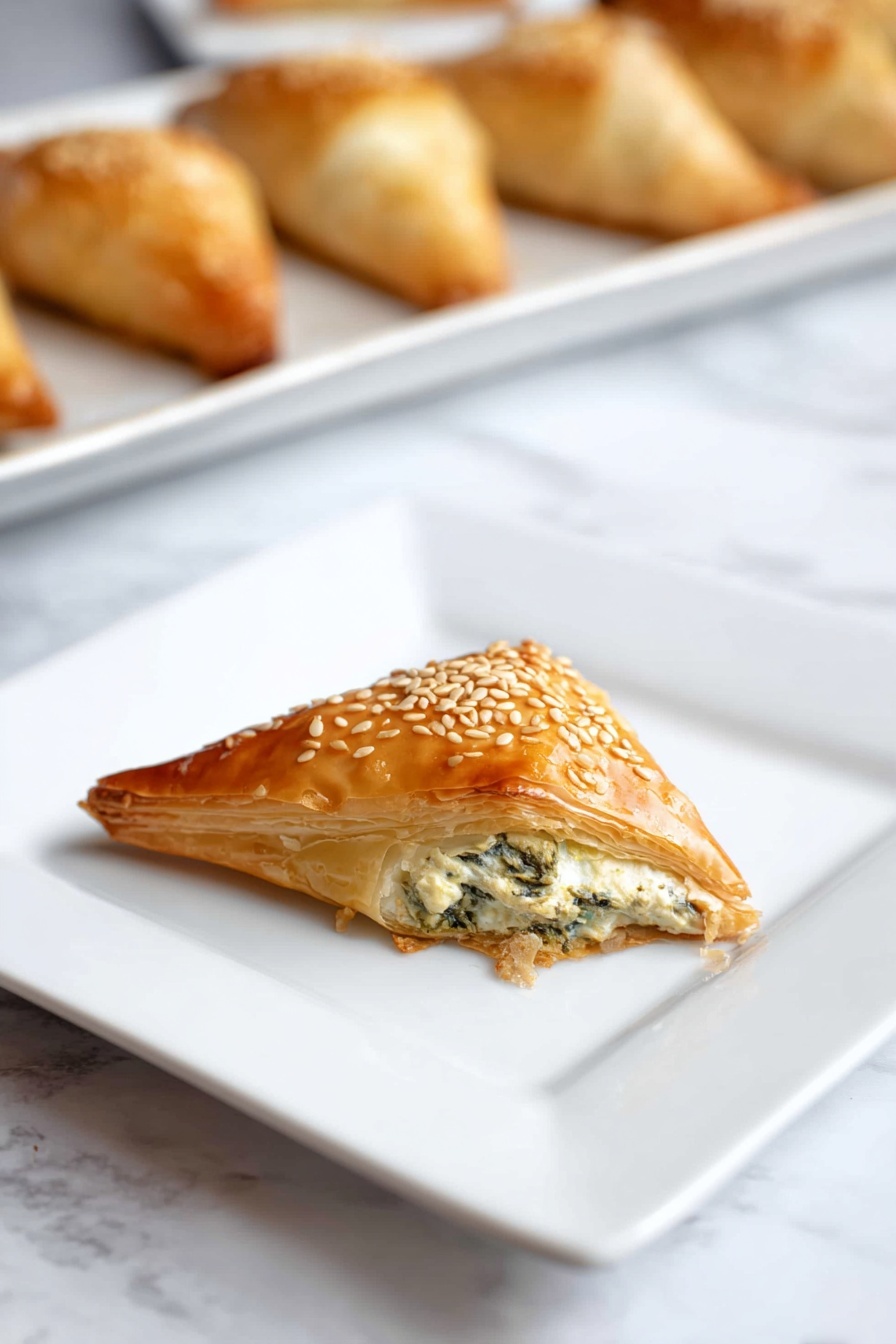 A golden-brown triangular pastry with a shiny, slightly crisp top sprinkled with sesame seeds sits centered on a white square plate. The pastry is filled with a creamy white layer mixed with small pieces of green leafy vegetables, visible from a bite taken at one corner, showing soft, flaky layers inside. The plate rests on a white marbled surface, and in the blurred background, more similar pastries are arranged in a row on a white rectangular dish. Photo taken with an iphone --ar 2:3 --v 7 - Easy Spinach Phyllo Triangles, spinach and feta appetizers, flaky phyllo snack, healthy spinach finger food, quick Greek-inspired appetizers
