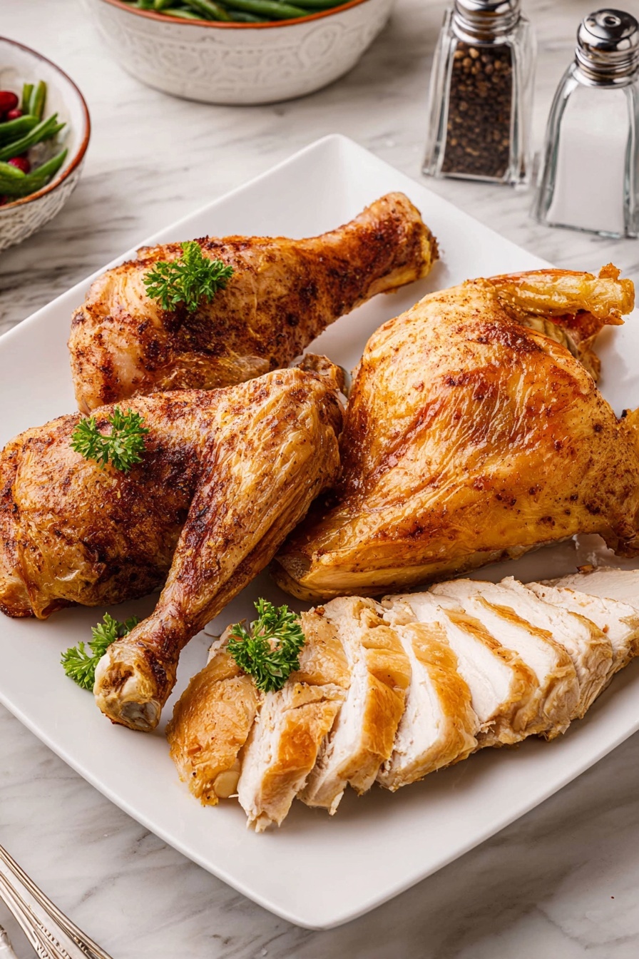 A white square plate holds four main layers of cooked chicken pieces arranged closely together. The first layer is sliced golden-brown chicken breast with a slightly crispy skin, showing juicy white meat inside, placed at the bottom right of the plate. On top and to the left, there are two browned chicken legs with textured, seasoned skin and attached bone, garnished with a few green parsley leaves. Behind these, at the top right, sits another golden roasted chicken leg piece with crispy, slightly oily skin. The whole plate rests on a white marbled surface with nearby salt and pepper shakers and a bowl of green beans partially visible in the background, photo taken with an iphone --ar 2:3 --v 7 - Oven Roasted Turkey with Gravy, Thanksgiving turkey, Juicy roasted turkey, Easy turkey recipe, Holiday turkey with gravy