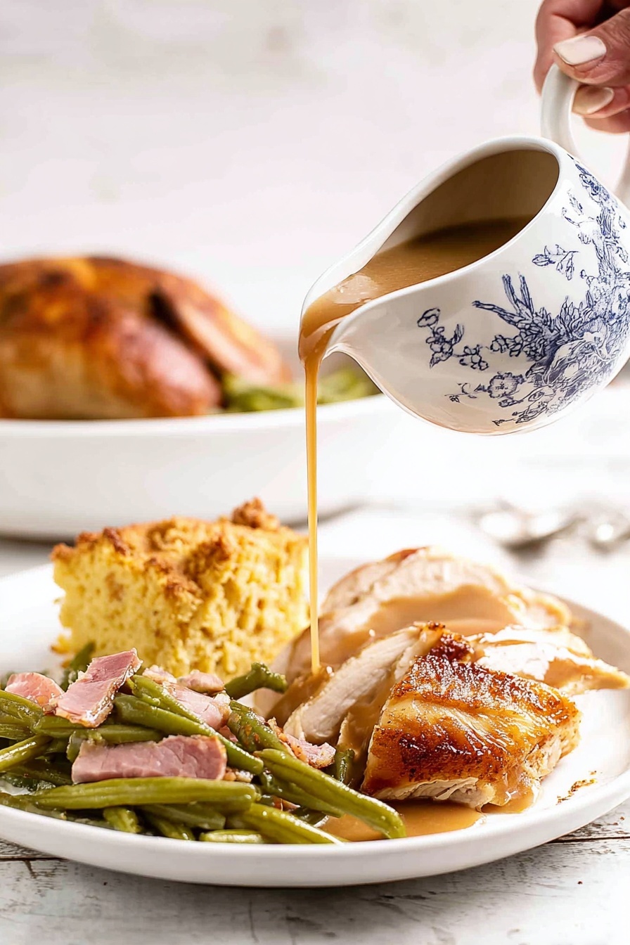 A white plate sits on a white marbled surface, holding four food layers. At the front, there is a large piece of sliced roasted chicken with a golden-brown crispy skin. Brown gravy is poured over the chicken from a white gravy boat decorated with a blue traditional pattern, held by a woman's hand. To the left of the chicken is a helping of green beans mixed with pieces of pink ham. Behind the green beans is a thick, golden piece of cornbread with a crumbly texture. In the background, part of a roasted chicken with a brown crispy skin is visible on another white plate. Photo taken with an iphone --ar 2:3 --v 7 - Oven Roasted Turkey with Gravy, Thanksgiving turkey, Juicy roasted turkey, Easy turkey recipe, Holiday turkey with gravy