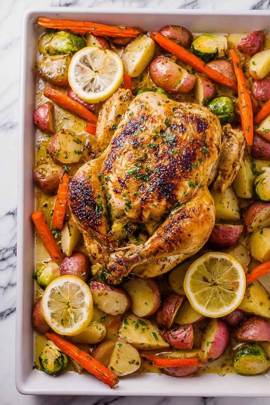 The image shows a whole roasted chicken with a golden brown, slightly charred skin, positioned in the center of a white rectangular baking tray. Surrounding the chicken are halved red potatoes with a roasted, slightly crispy texture, short whole orange carrots, and halved Brussels sprouts with browned edges. Two lemon slices with visible seeds are placed near the top right and bottom center of the tray, adding a fresh yellow contrast. The dish is sprinkled with finely chopped green herbs. The background is a white marbled surface. Photo taken with an iphone --ar 2:3 --v 7 - Spatchcock Chicken with Herb Butter, roasted chicken, herb butter recipe, easy chicken dinner, juicy roast chicken