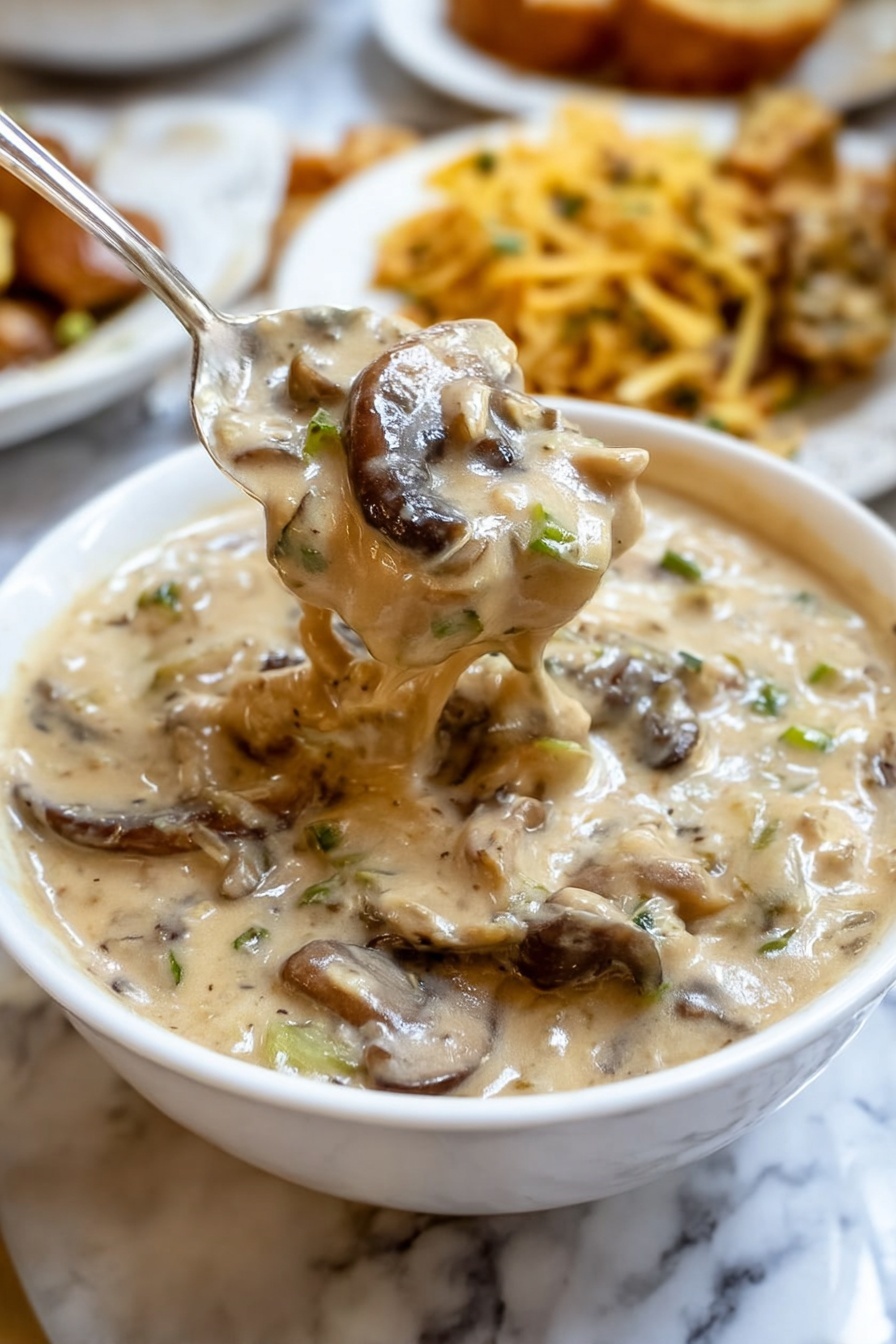 A close-up of a white bowl filled with creamy mushroom soup, showing thick layers of light beige sauce mixed with dark brown sliced mushrooms and bits of green herbs, giving the soup a textured look. A silver spoon lifts a portion from the bowl, with visible mushroom slices and creamy sauce dripping slightly. The bowl sits on a white marbled surface, with blurred plates of food in the background. photo taken with an iphone --ar 2:3 --v 7 - Creamy Mushroom Hunter's Sauce for Steak, mushroom steak sauce, creamy mushroom sauce recipe, steak topping with mushrooms, easy mushroom sauce for steak