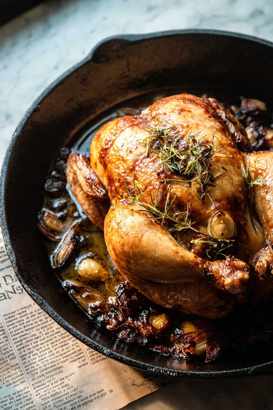 A whole roasted chicken with golden brown, crispy skin sits in the center of a black cast iron pan. The chicken's surface is shiny with oil and topped with small sprigs of herbs and pieces of roasted garlic, giving a textured look. Around the chicken in the pan, there are browned bits and pieces of caramelized garlic or herbs. The pan is placed on a white marbled surface with a piece of newspaper underneath visible at the bottom left corner. The photo is taken close-up, showing the detailed texture of the chicken and pan, with soft natural light highlighting the warm tones. Photo taken with an iphone --ar 2:3 --v 7 - Cast Iron Roast Chicken with Pan Gravy, crispy skin roast chicken, juicy cast iron roasted chicken, easy cast iron chicken recipe, best roasted chicken recipe