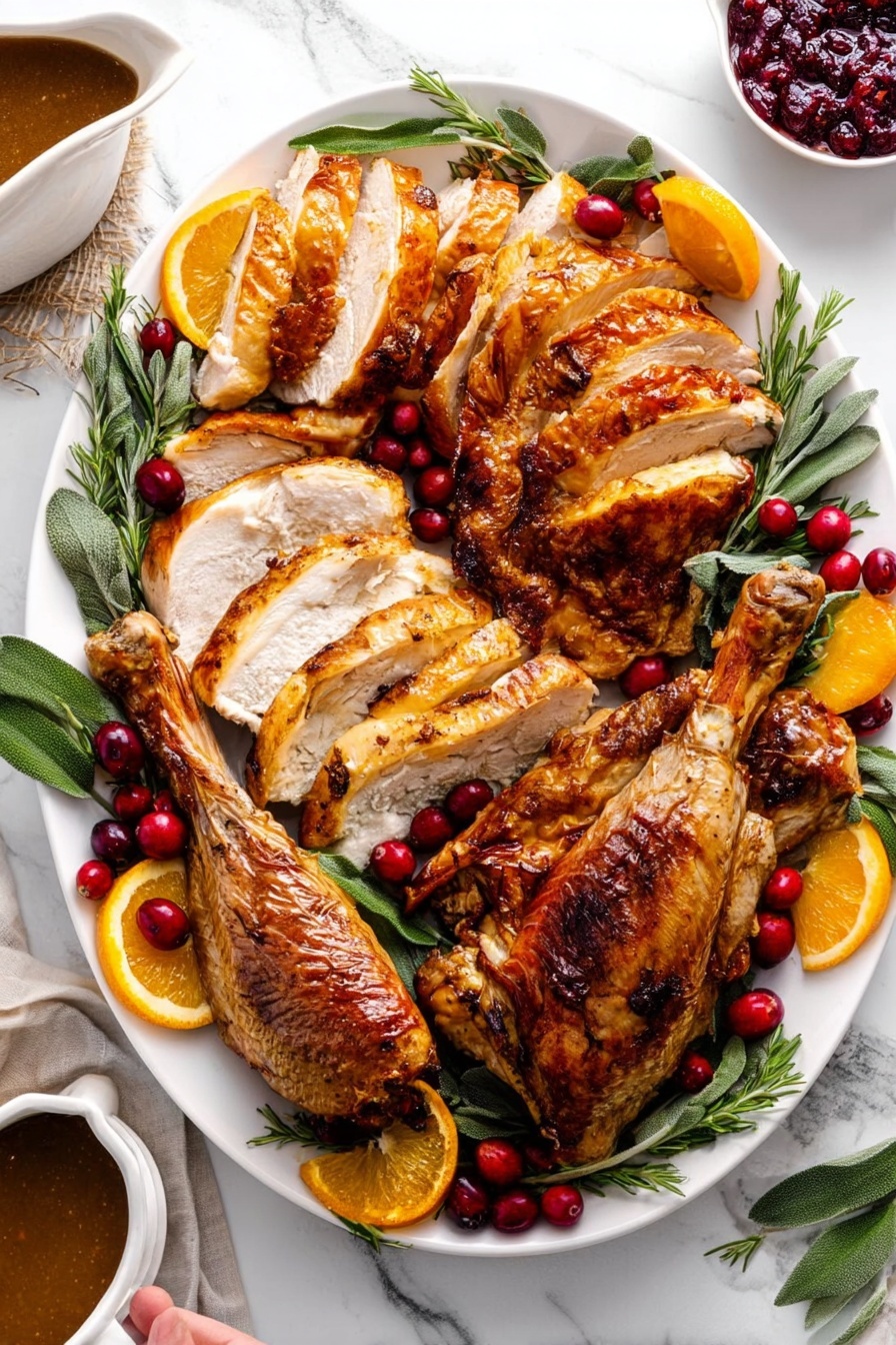 A large white oval plate holds a cooked turkey sliced into layers, with a golden-brown skin and tender white meat showing inside. There are two large turkey legs with crispy skin placed on the right side of the plate, and two turkey wings with a lighter brown color on the upper left side. Around the turkey pieces, there are bright green rosemary sprigs and sage leaves along with red cranberries scattered evenly. Orange slices are placed around the edges of the plate, adding bright color contrast. Next to the plate, there is a white bowl with brown gravy and a small white bowl filled with cranberry sauce, all set on a white marbled surface. A woman's hand is partially visible holding a piece of turkey on the lower left edge. photo taken with an iphone --ar 2:3 --v 7 - Juicy Dry Brine Turkey, dry brining turkey, crispy skin turkey, holiday turkey recipes, easy turkey preparation
