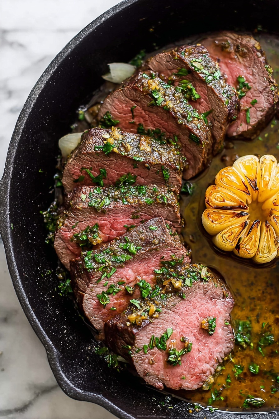 A black pan sits on a white marbled surface holding several slices of cooked beef arranged in a curved line from the left to the center, each slice showing a pink center with a brown, herb-covered outer edge, sprinkled with finely chopped parsley. To the right of the beef is a golden-yellow roasted garlic bulb with visible cloves, slightly charred on the top. The pan shows some glossy juices and herbs around the beef and garlic. Photo taken with an iphone --ar 2:3 --v 7 - Herb Crusted Beef Tenderloin with Horseradish Sauce, Beef Tenderloin recipe, Elegant beef dinner, Herb crusted beef, Horseradish sauce recipe