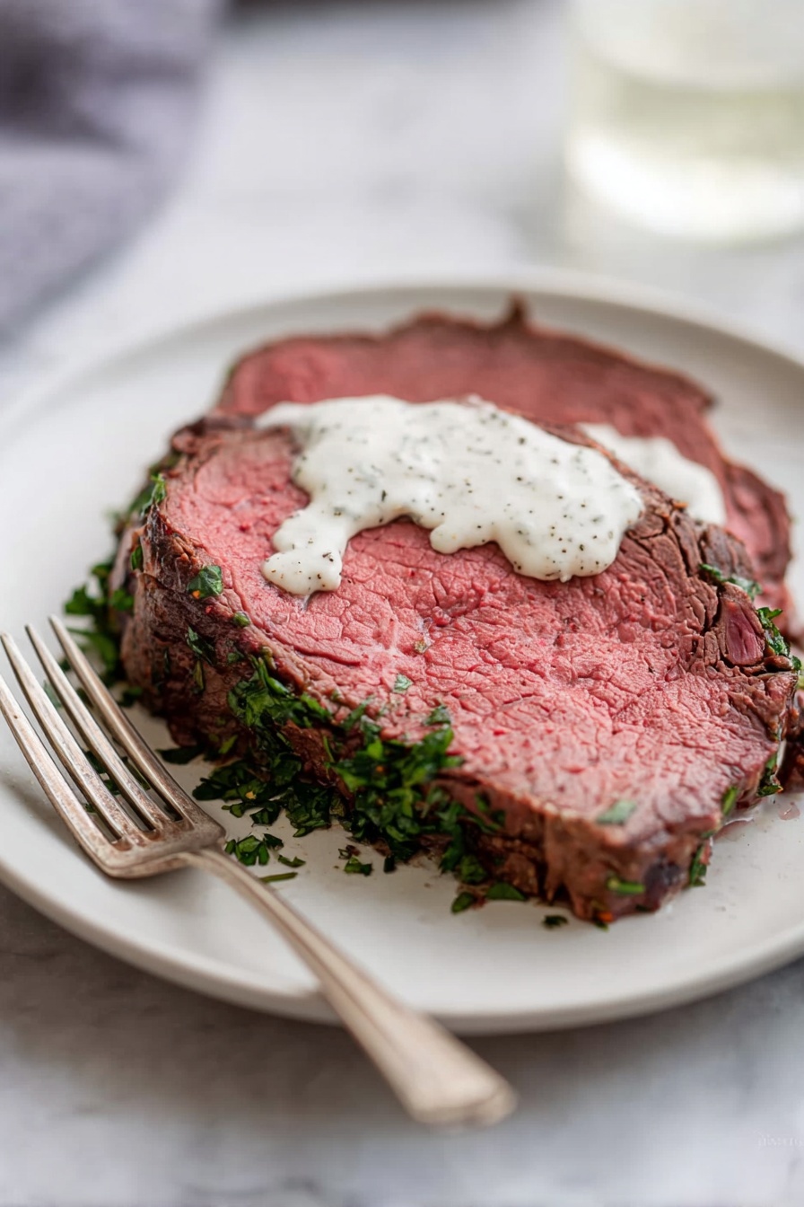 A round thick slice of roast beef with a pink center and brown cooked edges is placed on a white plate. The bottom edge of the beef is covered with chopped green herbs. On top of the beef slice, there is a small amount of white creamy sauce with black specks. A metal fork rests on the left side of the plate. The plate sits on a white marbled surface. Photo taken with an iphone --ar 2:3 --v 7 - Herb Crusted Beef Tenderloin with Horseradish Sauce, Beef Tenderloin recipe, Elegant beef dinner, Herb crusted beef, Horseradish sauce recipe