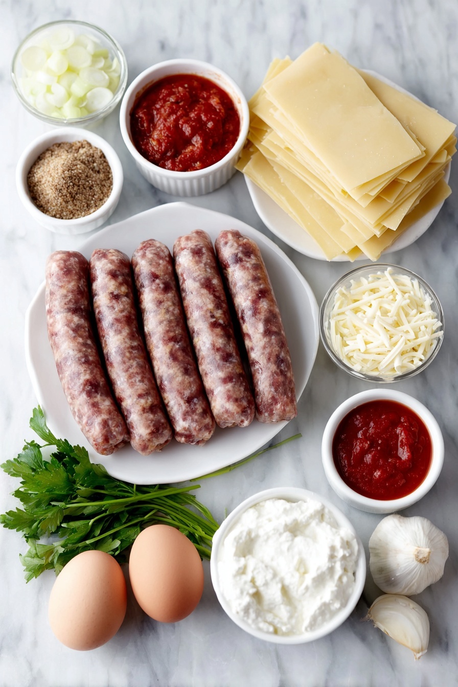 Flat lay of bulk Italian sausage links with coarse texture, raw ground beef in a small white ceramic bowl, a medium yellow onion diced into even pieces on a white plate, two fresh garlic cloves peeled and whole, two small white ceramic bowls—one holding deep red tomato paste and another with bright crushed San Marzano tomatoes, a small white bowl filled with smooth tomato sauce, a tiny white bowl with clear water, a small mound of light brown granulated brown sugar on a white plate, fresh green parsley sprigs arranged neatly, a small white bowl containing dried basil leaves, a rustic whole large egg with a clean shell, a white bowl holding creamy white ricotta cheese, a pile of grated pale yellow Parmesan cheese on a white plate, shredded white mozzarella cheese in a small white bowl, and a neat stack of nine flat, rectangular oven-ready no-boil lasagna noodles, all perfectly arranged with balance and symmetry, placed on a clean white marble surface, soft natural light, photo taken with an iPhone, professional food photography style, fresh ingredients, white ceramic bowls, no bottles, no duplicates, no utensils, no packaging --ar 2:3 --v 7 --p m7354615311229779997 - Best Homemade Lasagna, homemade lasagna recipe, Italian lasagna, cheesy lasagna, comforting lasagna dinner
