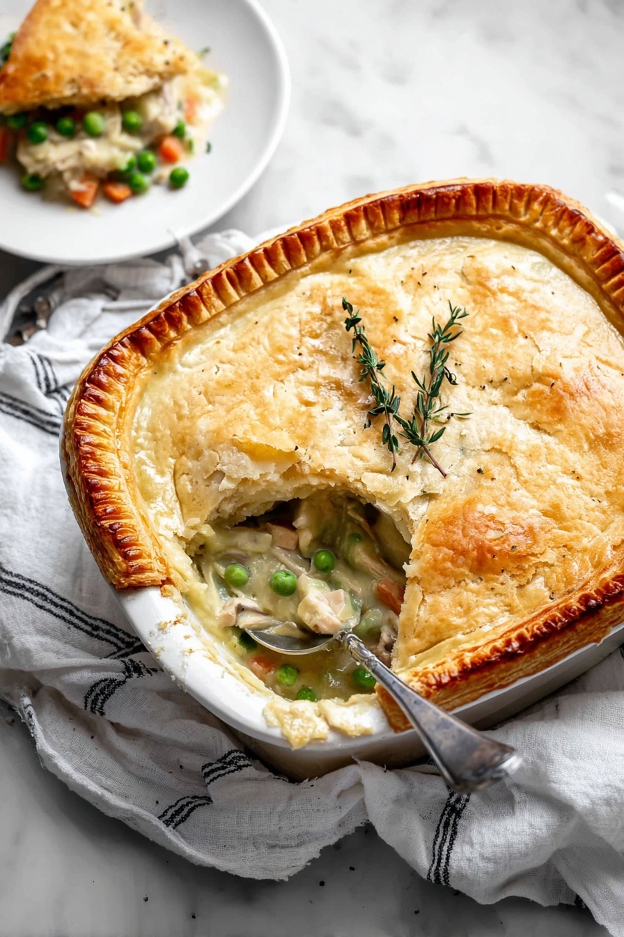 The image shows a white rectangular baking dish with a golden-brown crust on top, partially lifted to reveal a creamy vegetable filling underneath. The top crust layer is shiny with a crisscross pattern and browned edges. Below the crust is a creamy sauce filled with visible chunks of green beans, white beans, corn, cauliflower, peas, and small pieces of carrots. A vintage silver spoon rests inside the dish, scooping some of the creamy filling. A few fresh green thyme sprigs lay on the crust. The dish is placed on a white marbled surface with a white and black striped cloth partially visible. Photo taken with an iphone --ar 2:3 --v 7 - Creamy Vegetable Pot Pie, vegetable pot pie, comforting veggie pot pie, easy vegetable pot pie recipe, homemade vegetable pot pie