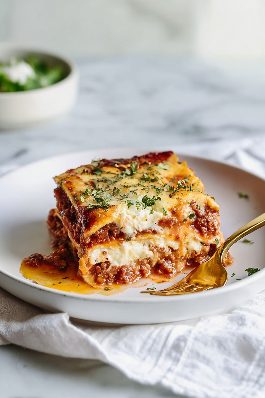 A white plate holds a square slice of lasagna with four visible layers: the top layer is melted golden cheese sprinkled with green herbs, below it is a creamy white layer, followed by a thick red meat and tomato sauce layer, and at the bottom is another creamy white layer with bits of sauce peeking through. The lasagna has a slightly browned and bubbly top with some sauce oozing onto the plate. A gold fork rests inside the plate near the lasagna, and the plate sits on a white marbled surface with a white cloth nearby. In the soft background, a white bowl with some greens is blurred. Photo taken with an iphone --ar 2:3 --v 7 - Zucchini Lasagna with Meat Sauce, healthy zucchini lasagna, low-carb zucchini lasagna, gluten-free zucchini lasagna, easy zucchini lasagna recipe