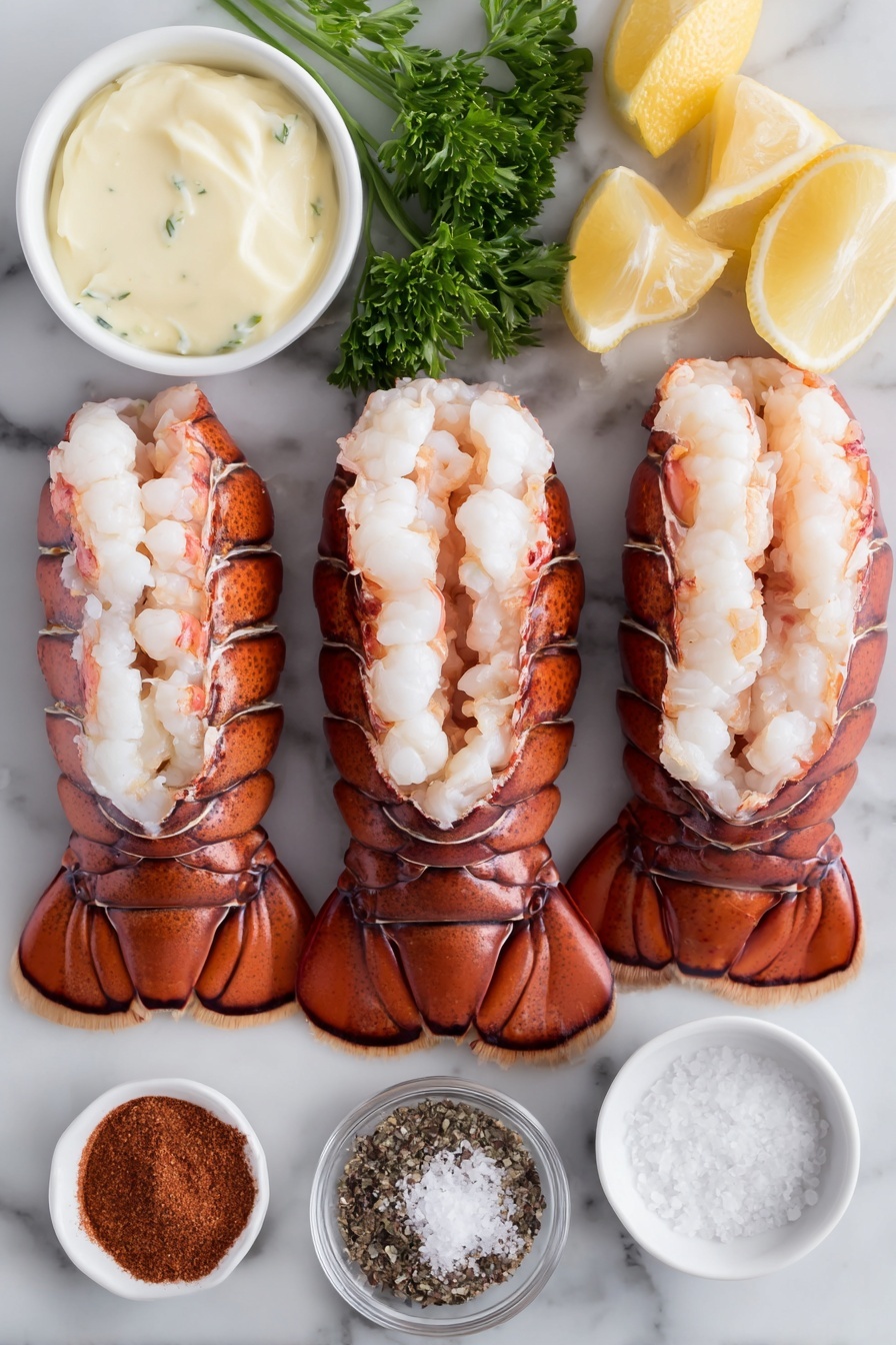Flat lay of three whole cold lobster tails with shells intact, a small white ceramic bowl of creamy herb and garlic butter, a small white ceramic bowl of sweet paprika powder, fresh lemon wedges arranged neatly on a white ceramic plate, a small white ceramic bowl of coarse salt, a small white ceramic bowl of freshly cracked black pepper, a small white ceramic bowl of melted unsalted butter, and a few sprigs of fresh parsley, placed on a clean white marble surface, soft natural light, photo taken with an iPhone, professional food photography style, fresh ingredients, white ceramic bowls, no bottles, no duplicates, no utensils, no packaging --ar 2:3 --v 7 --p m7354615311229779997 - Broiled Lobster Tails with Herb Garlic Butter, Lobster tail recipes, seafood main dishes, easy lobster recipes, fancy seafood dinner ideas