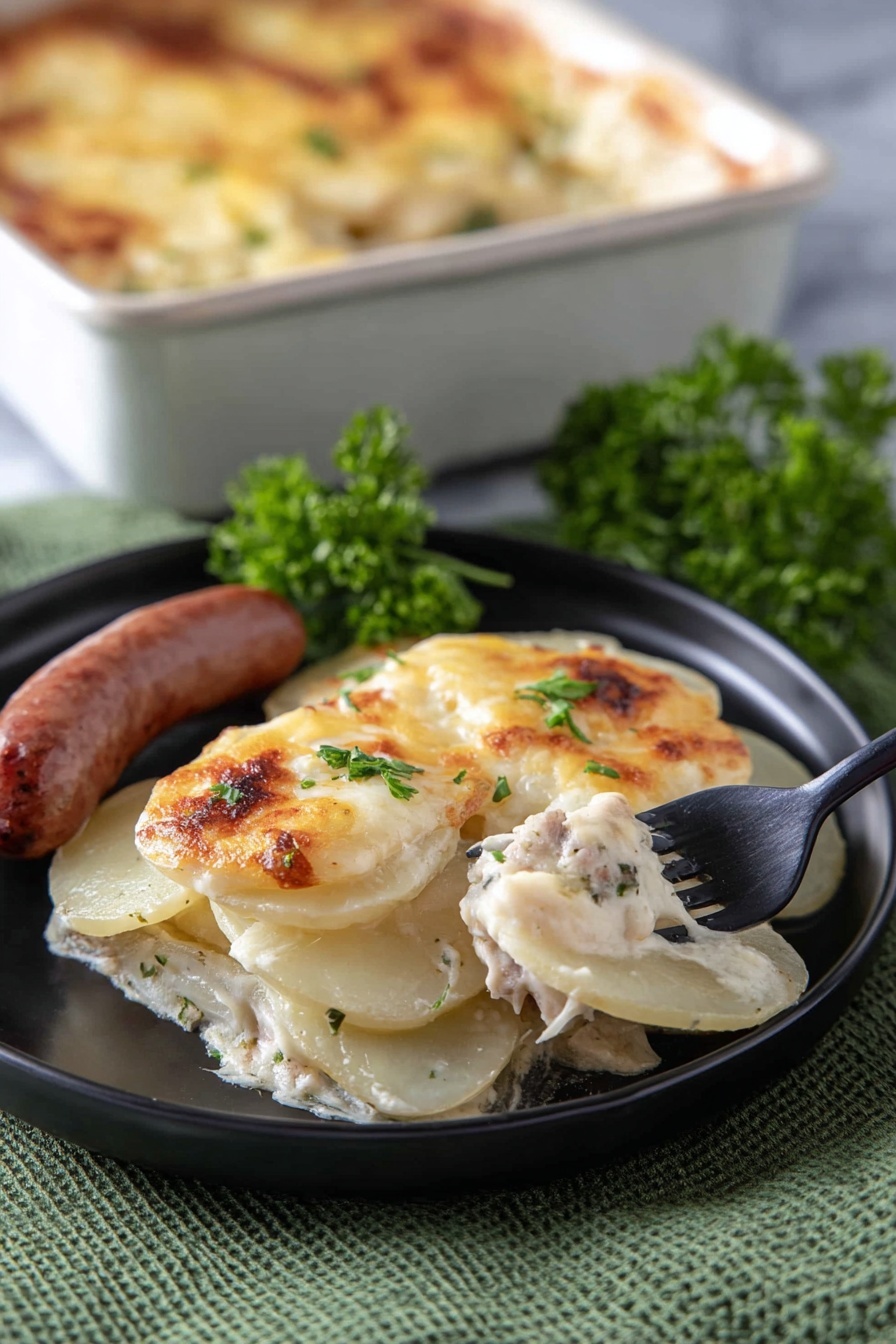A black plate holds a dish with three main parts: on the left, there is a thick sausage with a rich brown, slightly shiny surface; in the middle and right, several layers of thin, creamy white potato slices are topped with melted golden cheese and sprinkled with small bits of green parsley. The potato layers show a soft and slightly browned texture, some slices being lifted by a dark fork held by a woman's hand. Behind the potatoes, there is a small bunch of fresh green parsley as garnish. A white marbled surface under a green textured cloth is visible beneath the plate. In the background, a white baking dish with more of the cheesy potato dish is partially visible. photo taken with an iphone --ar 2:3 --v 7 - Cheesy Turnip Au Gratin, turnip au gratin side dish, low-carb cheesy turnip bake, creamy turnip casserole, easy cheesy turnip recipe