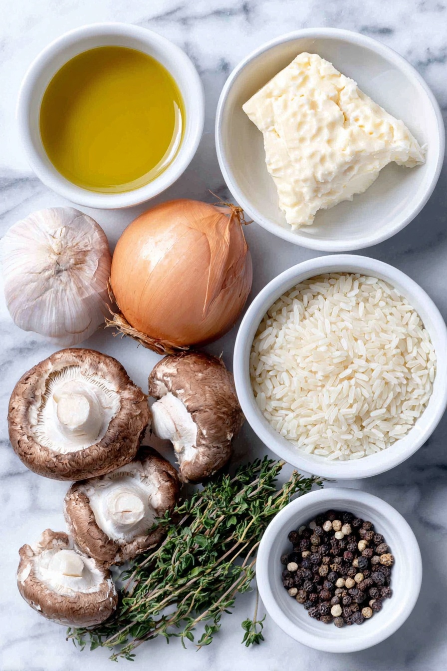 Flat lay of a small cluster of mixed fresh mushrooms, a medium yellow onion halved to show inside, two whole garlic cloves with skins intact, a small bunch of fresh thyme sprigs, a small pile of uncooked Arborio rice grains, a few sprigs of fresh parsley, a small white ceramic bowl of extra-virgin olive oil, a small white ceramic bowl containing dry white wine, a small white ceramic bowl of warm vegetable broth, a small white ceramic bowl filled with grated Parmesan cheese, a small white ceramic bowl holding coarse sea salt, black peppercorns scattered neatly, placed on a clean white marble surface, soft natural light, photo taken with an iPhone, professional food photography style, fresh ingredients, white ceramic bowls, no bottles, no duplicates, no utensils, no packaging --ar 2:3 --v 7 --p m7354615311229779997 - Creamy Mushroom Risotto, Best mushroom risotto, how to make mushroom risotto, easy mushroom risotto, creamy risotto recipe