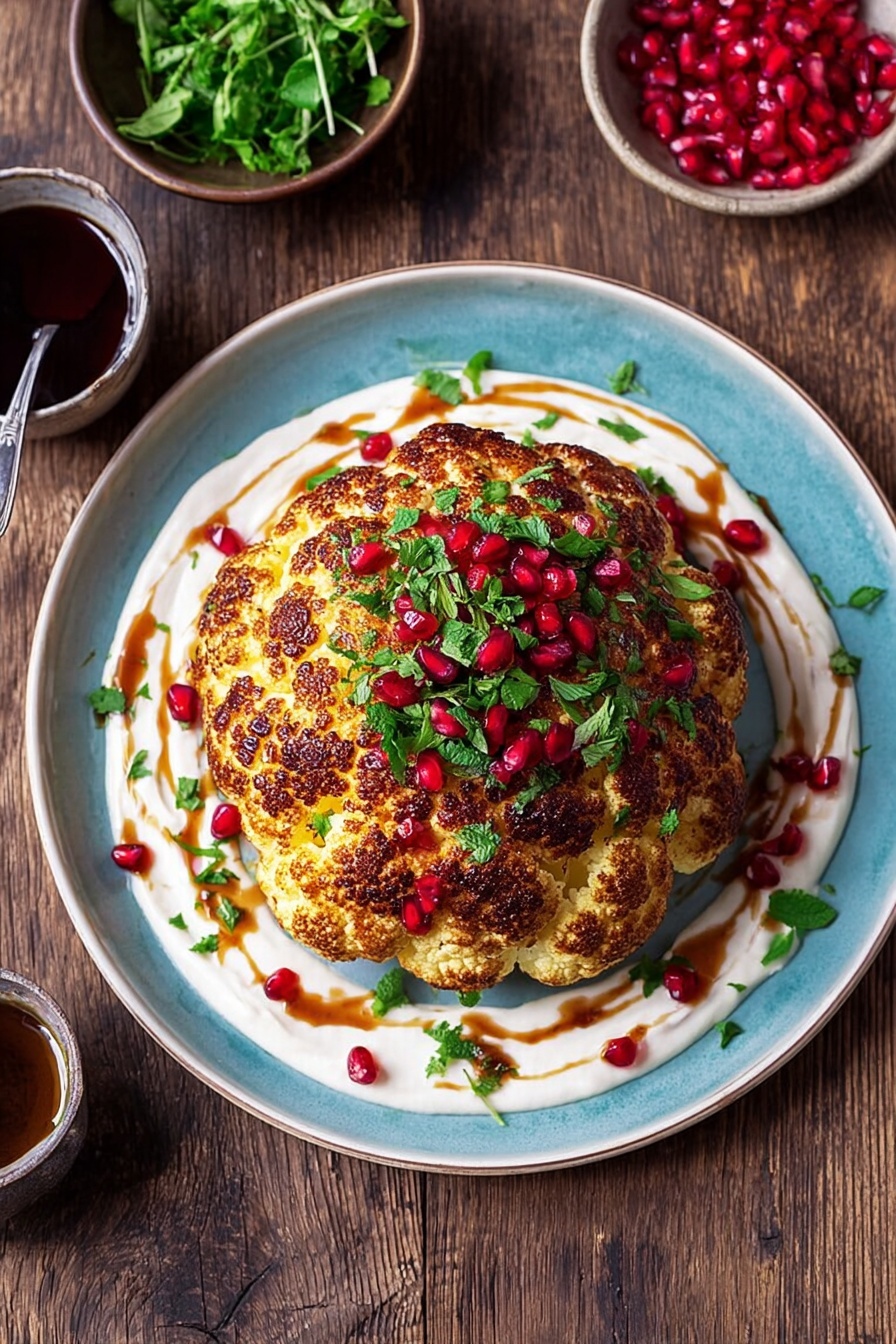 A roasted whole cauliflower with a golden brown, slightly charred surface sits in the middle of a white plate with a light blue rim. Underneath the cauliflower is a thick, creamy white sauce spread in a circular shape. The cauliflower is topped with bright red pomegranate seeds and small pieces of fresh green herbs scattered over and around it. There are drizzles of a dark brown sauce on top of the white sauce. The plate is placed on a dark wooden surface with two small bowls nearby; one bowl holds green leafy herbs and the other is filled with red pomegranate seeds, while a third bowl contains a dark liquid with a silver spoon in it. Photo taken with an iphone --ar 2:3 --v 7 - Roasted Cauliflower with Pomegranate Sauce, roasted cauliflower recipe, vegetarian cauliflower dish, pomegranate cauliflower, healthy cauliflower recipes