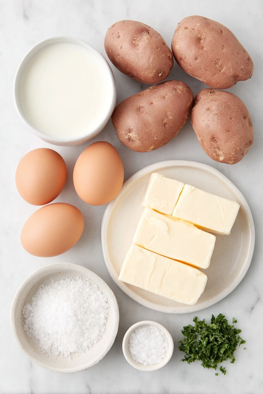 Flat lay of peeled russet potatoes whole and halved, a few whole uncracked brown eggs with clean shells, a small white ceramic bowl of hot whole milk, a simple white ceramic plate with softened unsalted butter sticks at room temperature, a small white ceramic bowl of coarse sea salt, a few fresh green sprigs of parsley finely chopped placed beside the ingredients, all arranged in perfect symmetry and realistic proportions on a clean white marble surface, soft natural light, photo taken with an iPhone, professional food photography style, fresh ingredients, white ceramic bowls, no bottles, no duplicates, no utensils, no packaging --ar 2:3 --v 7 --p m7354615311229779997 - Creamy Mashed Potatoes, perfect mashed potatoes, buttery mashed potatoes, fluffy potato side dish, easy mashed potatoes
