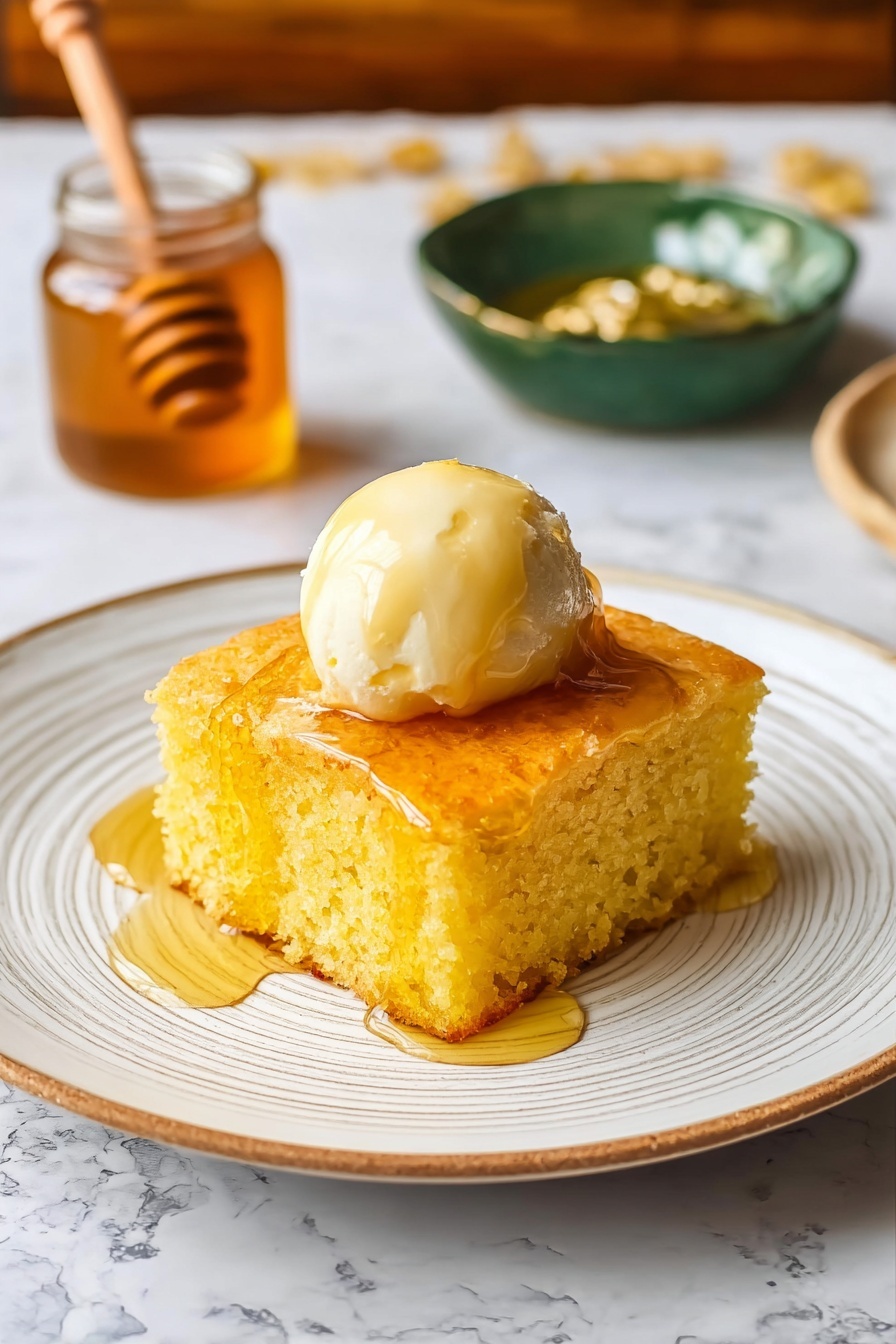 A single square piece of yellow cake with a soft, sponge-like texture sits in the center of a white plate with subtle circular lines. On top of the cake is a smooth, round scoop of pale butter melting slightly, with golden syrup drizzled over the entire piece and pooling gently on the plate. In the background, a small jar of honey with a golden lid and a green bowl filled with more syrup are visible, all set on a white marbled textured surface. Photo taken with an iphone --ar 2:3 --v 7 - Moist Cornbread with Honey and Butter, sweet cornbread recipe, easy cornbread with honey, buttery cornbread, tender cornbread recipe