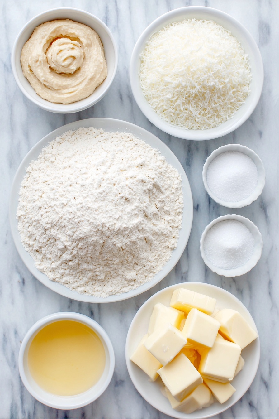 Flat lay of fresh all-purpose flour gently mounded on a simple white ceramic plate, a small white bowl with a thick pale beige active yeast paste, a few spoonfuls of white sugar on a small white bowl, a few sprinklings of coarse kosher salt scattered beside a small white bowl with white baking powder, another small white bowl holding fine white baking soda, cold butter cut into neat 1/2-inch chunks arranged on a white ceramic plate, cold shortening chunks on a separate white plate, a small white bowl filled with creamy buttermilk, and a small white bowl with golden melted butter, all placed on a clean white marble surface, soft natural light, photo taken with an iPhone, professional food photography style, fresh ingredients, white ceramic bowls, no bottles, no duplicates, no utensils, no packaging --ar 2:3 --v 7 --p m7354615311229779997 - Fluffy Angel Biscuits with Buttermilk, soft biscuits with buttermilk, homemade angel biscuits, easy buttermilk biscuit recipe, flaky fluffy breakfast biscuits