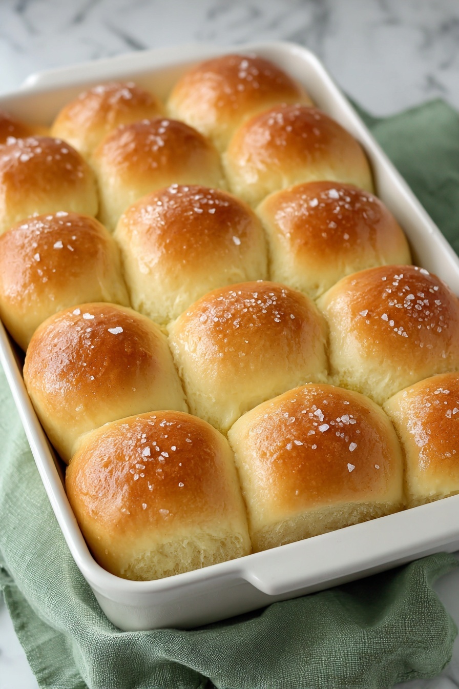 A rectangular white baking pan filled with fifteen golden brown dinner rolls arranged in three rows of five. The rolls have smooth, shiny tops with a soft, slightly puffy texture, and are sprinkled lightly with coarse salt. The baking pan sits on a folded green cloth over a white marbled surface. Photo taken with an iphone --ar 2:3 --v 7 - Sweet Potato Rolls with Flaky Salt, sweet potato bread rolls, fluffy sweet potato buns, homemade sweet potato rolls, savory sweet potato bread