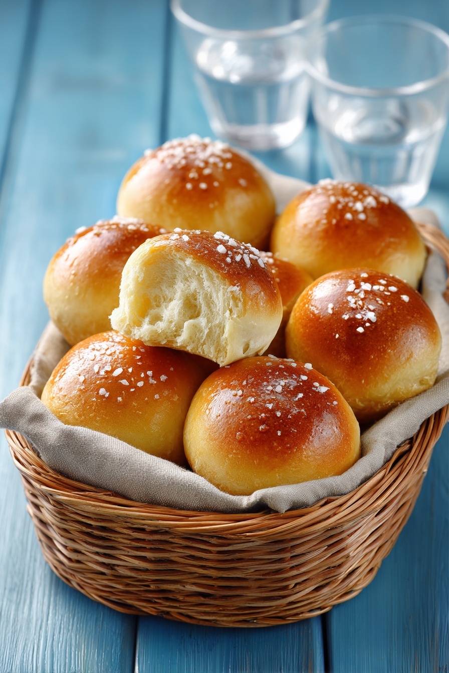 The image shows a wicker basket lined with a light brown cloth, filled with eight soft, golden brown dinner rolls. Each roll has a shiny, slightly browned top sprinkled with coarse salt, highlighting their freshly baked texture. One roll is partially torn, revealing a light, fluffy inside. The basket sits on a blue wooden surface with two white glasses filled with water visible in the background. photo taken with an iphone --ar 2:3 --v 7 - Sweet Potato Rolls with Flaky Salt, sweet potato bread rolls, fluffy sweet potato buns, homemade sweet potato rolls, savory sweet potato bread