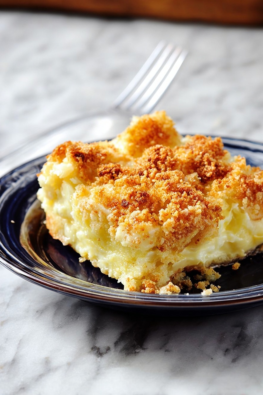 A piece of golden brown baked dish with a crumbly top layer sits on a white plate; the top layer looks crunchy and uneven with small crumbs scattered, beneath that is a creamy, pale yellow layer that appears soft and smooth, with a few chunks visible. The plate is on a white marbled surface, and there is a clear plastic fork resting behind the dish, slightly angled. The photo taken with an iphone --ar 2:3 --v 7 - Creamy Yellow Squash Casserole, yellow squash side dish, easy squash casserole, comforting casserole recipes, cheesy squash bake