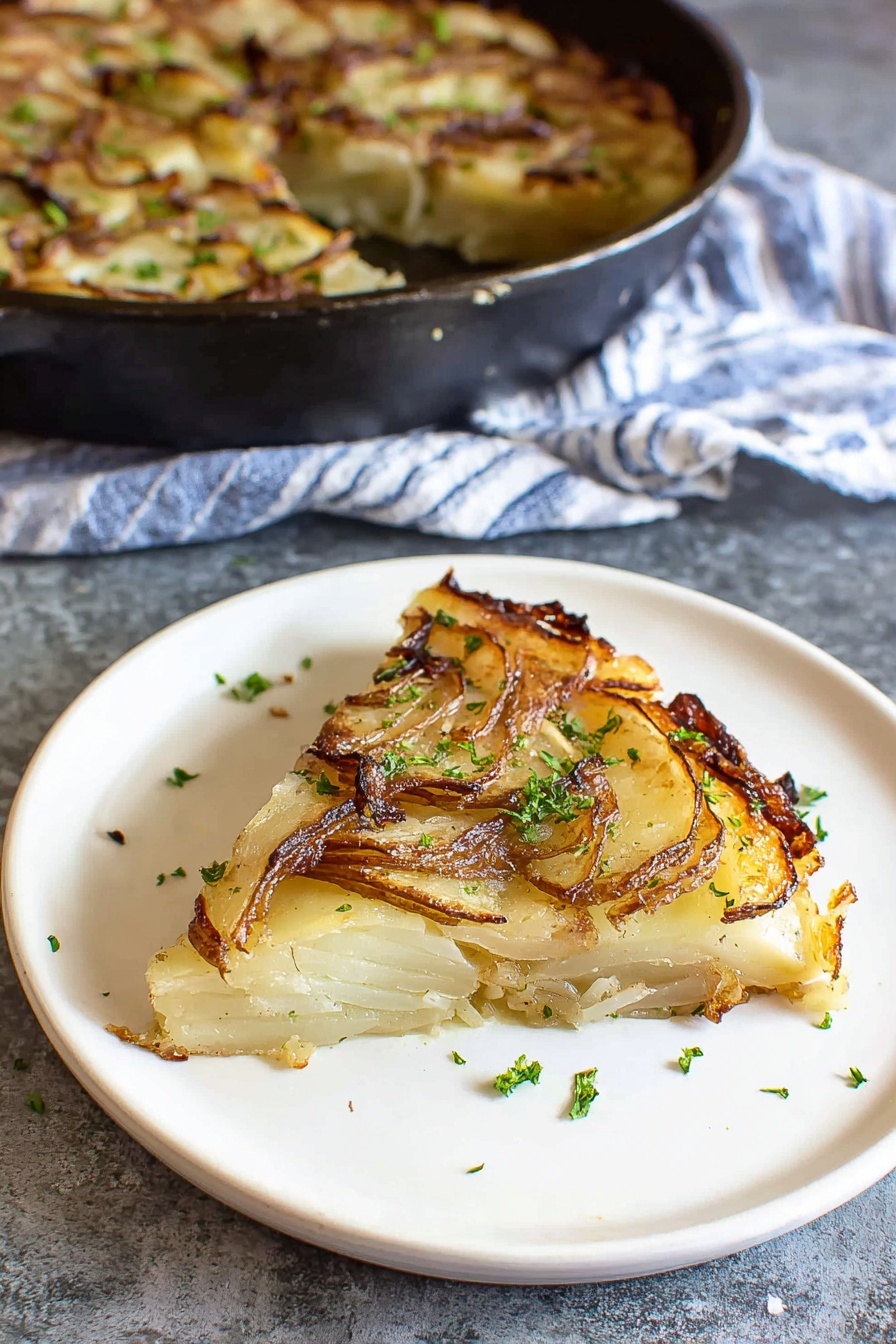 A single triangular slice of potato and onion tart sits centered on a white plate, showing thin layers of golden to light brown crisped potato slices with some darker, slightly curled edges on top, mixed with translucent cooked onion strands beneath. The tart’s base layer looks soft and lightly browned, while small pieces of green parsley are scattered over the top and plate for color contrast. In the background, a dark pan containing the remaining tart and a blue-striped cloth napkin rest on a grey stone surface, replaced with a white marbled texture. photo taken with an iphone --ar 2:3 --v 7 - Garlic Herb Potatoes Galette, savory potato galette, crispy potato sides, herb potato bake, rustic potato dish