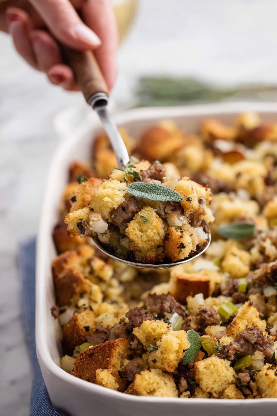 A white dish filled with three main layers of baked stuffing. The bottom layer is a mix of small, soft bread cubes with bits of cooked sausage and herbs, showing a golden-brown toasted color with some darker brown spots. The middle layer is a chunky mix of tender celery pieces and cooked onions that add a light green and creamy white contrast to the dish. The top layer is a thick, crumbly layer of golden cornbread cubes with a light crust on some pieces, sprinkled with small green herb leaves and whole fresh sage leaves for decoration. A woman's hand holds a metal spoon with a wooden handle, lifting a scoop of the stuffing showing all the layers together. The background is a blurred white marbled texture with soft lighting. Photo taken with an iphone --ar 2:3 --v 7 - Sausage and Chestnut Stuffing, holiday stuffing recipe, savory sausage stuffing, roasted chestnut stuffing, festive stuffing side dish
