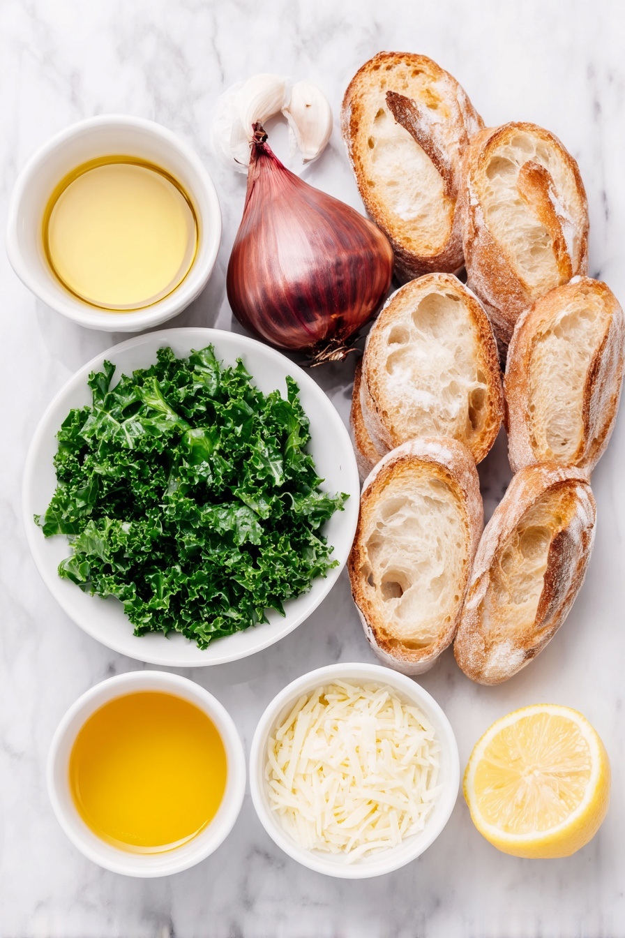 Flat lay of a small white bowl of golden olive oil, a small white bowl of clear white wine vinegar, a small white bowl with fresh lemon juice, a small white bowl with fresh orange juice, one whole uncracked shallot with smooth purple-tinged skin, a small white bowl of fine salt, six slices of fresh crusty French bread baguette, a small white bowl with melted golden butter, a small white bowl filled with grated pale yellow Parmesan cheese, and a generous pile of finely chopped fresh dark green kale leaves arranged neatly, all placed on a clean white marble surface, soft natural light, photo taken with an iPhone, professional food photography style, fresh ingredients, white ceramic bowls, no bottles, no duplicates, no utensils, no packaging --ar 2:3 --v 7 --p m7354615311229779997 - Crispy Parmesan Kale Salad, kale salad with parmesan, healthy kale salad recipes, crunchy kale salad, tangy kale salad with breadcrumbs
