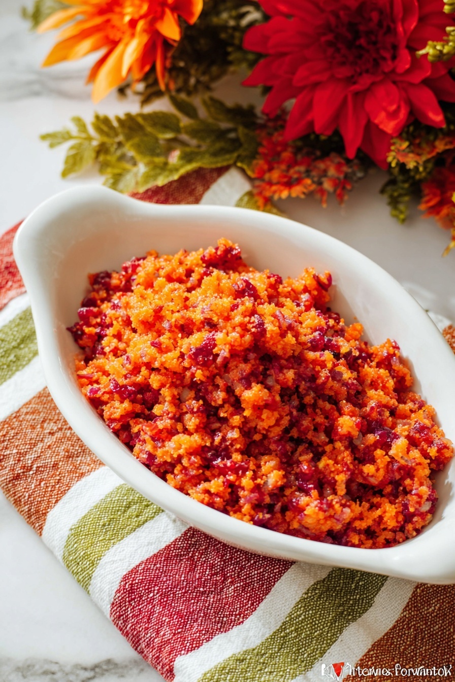 A white oval dish holds finely chopped food with mixed bright red and orange colors, showing a moist texture with small crunchy pieces. The dish sits on a striped cloth with green, white, red, and orange stripes, placed on a white marbled surface. In the background, there are red and orange artificial flowers along with some green leafy decorations, adding warm autumn colors to the scene. The photo taken with an iphone --ar 2:3 --v 7 - Easy Cranberry Orange Relish, cranberry orange relish, holiday side dish, festive cranberry recipes, citrus cranberry condiment