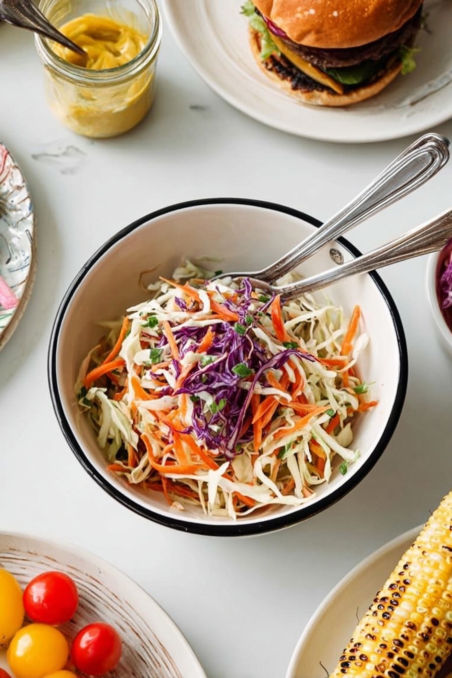 The dish is a bowl of shredded coleslaw with three layers: the bottom layer is shredded white cabbage, the middle layer is thin orange carrot strips, and the top layer is thin purple cabbage strands mixed lightly with green herbs. The coleslaw is served in a white bowl with a black rim, with two silver forks resting in the bowl. The bowl is placed on a white marbled table, surrounded by a white plate with a burger, a small glass jar of mustard with a spoon, and a white plate with grilled corn on the cob. There are also some red and yellow cherry tomatoes nearby. Photo taken with an iphone --ar 2:3 --v 7 - Southern Collard Greens, Collard Greens Recipe, Southern Greens, How to Make Collard Greens, Easy Collard Greens
