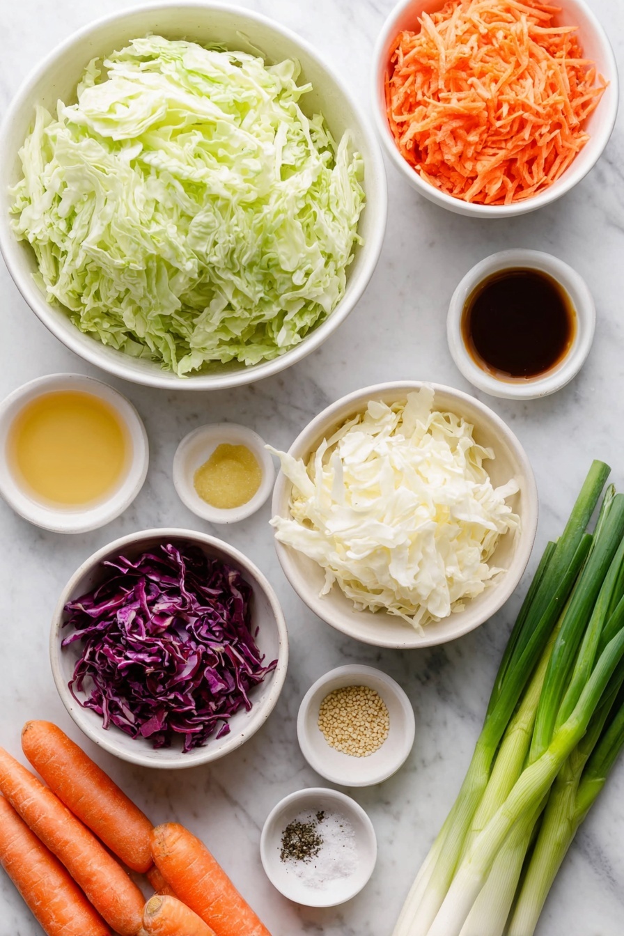 Flat lay of a large white ceramic bowl filled with shredded fresh green cabbage, next to a similar bowl with shredded vibrant red cabbage, a small white bowl with creamy mayonnaise, a small white bowl of golden apple cider vinegar, another small white bowl holding smooth golden maple syrup, a small white bowl containing bright yellow Dijon mustard, a small white bowl with tiny tan celery seeds, a small white bowl of coarse sea salt crystals, a small white bowl filled with freshly ground black pepper, a couple of fresh whole medium orange carrots with thin peels laid beside the bowls, and three bright green scallions with white bulbs and leafy tops, all arranged in perfect symmetry, placed on a clean white marble surface, soft natural light, photo taken with an iPhone, professional food photography style, fresh ingredients, white ceramic bowls, no bottles, no duplicates, no utensils, no packaging --ar 2:3 --v 7 --p m7354615311229779997 - Creamy Cabbage Coleslaw, cabbage coleslaw recipe, tangy coleslaw salad, creamy slaw dressing, easy summer salad