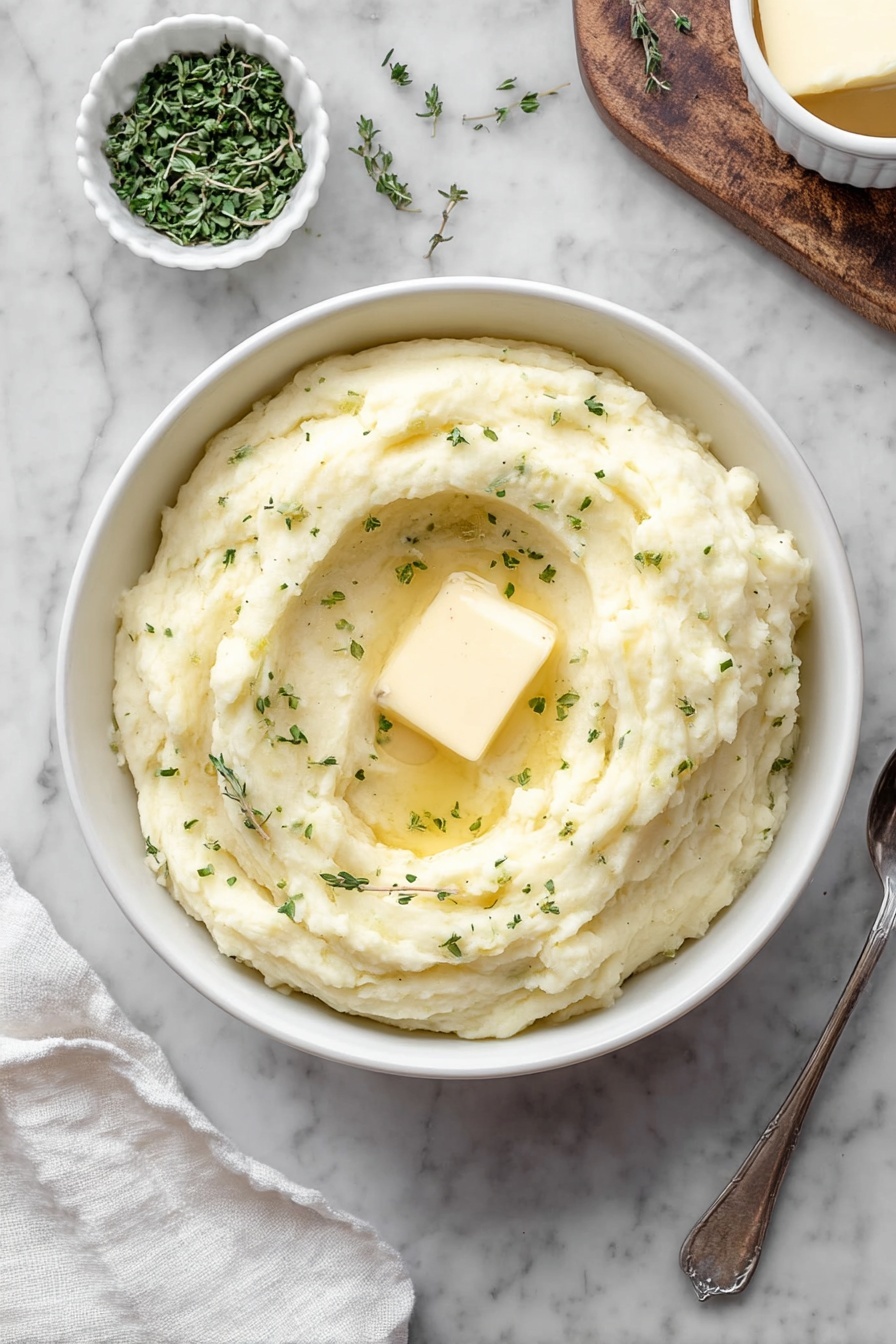 A white bowl filled with creamy mashed potatoes, smooth and lightly textured, with a melting square of butter resting in the center. There are small green herb bits sprinkled evenly over the top. The bowl is on a white marbled surface with a small white bowl containing chopped herbs slightly above and to the left, and part of a wooden board with butter in a white ramekin to the upper right. A silver spoon lies near the bottom right, and a white cloth is casually placed near the bottom left. Photo taken with an iphone --ar 2:3 --v 7 - Southern Collard Greens, collard greens recipe, soul food greens, Southern side dishes, smoky greens