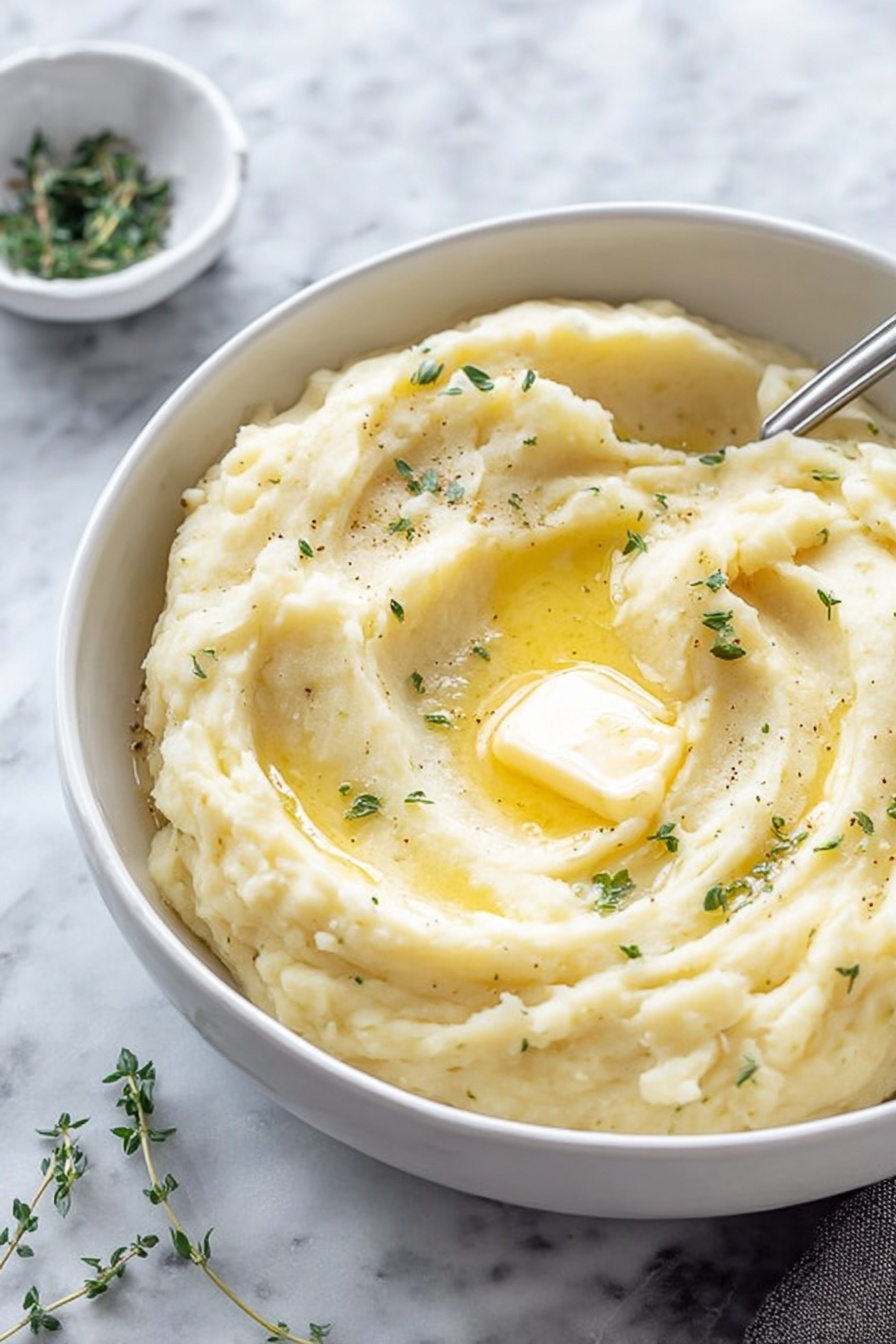 A white bowl filled with smooth mashed potatoes, swirled to create soft waves on the top layer, with a melting pat of pale yellow butter sitting in the center. Small green herb leaves are scattered over the surface, adding texture and color contrast to the creamy light beige potatoes. The bowl rests on a white marbled surface, and a silver spoon sticks into the mashed potatoes at the bowl's edge, slightly hidden. In the background, a small white bowl with green herbs is blurred out. Photo taken with an iphone --ar 2:3 --v 7 - Southern Collard Greens, collard greens recipe, soul food greens, Southern side dishes, smoky greens