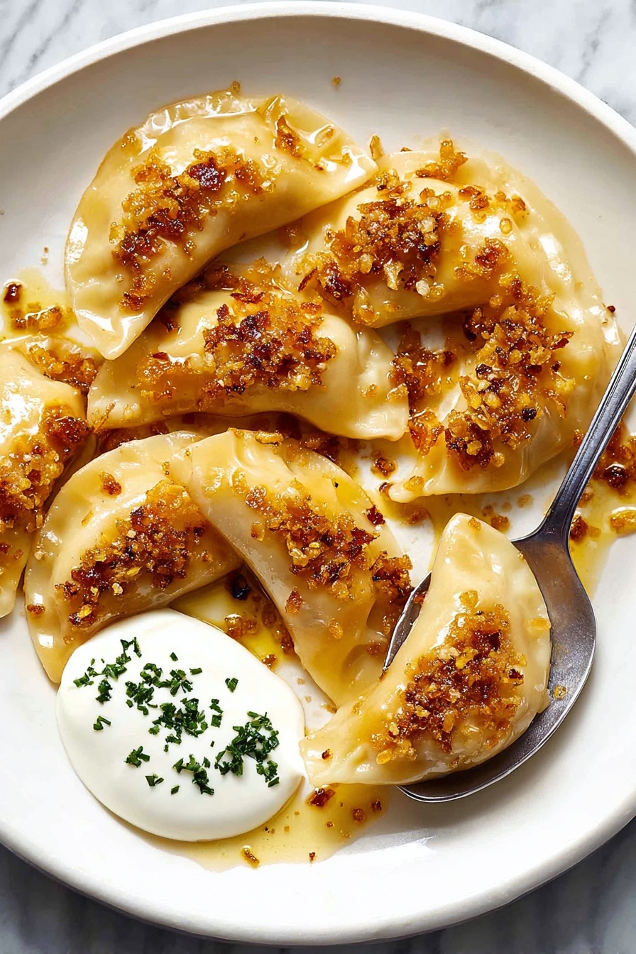 A white plate holds seven crescent-shaped dumplings with a shiny, golden-brown coating of small fried onion bits scattered evenly over them. The dumplings are arranged in a loose circle, with one being lifted by a silver spoon on the right side. In the lower-left section of the plate, a dollop of smooth white sour cream is topped with finely chopped green herbs. The dumplings have a soft, slightly wrinkled texture with a light, warm color. The background is a white marbled surface. Photo taken with an iphone --ar 2:3 --v 7 - Cheesy Potato Pierogi Ruskies, Polish pierogi with cheese and potatoes, homemade pierogi recipes, traditional Polish dumplings, cheesy pierogi filling