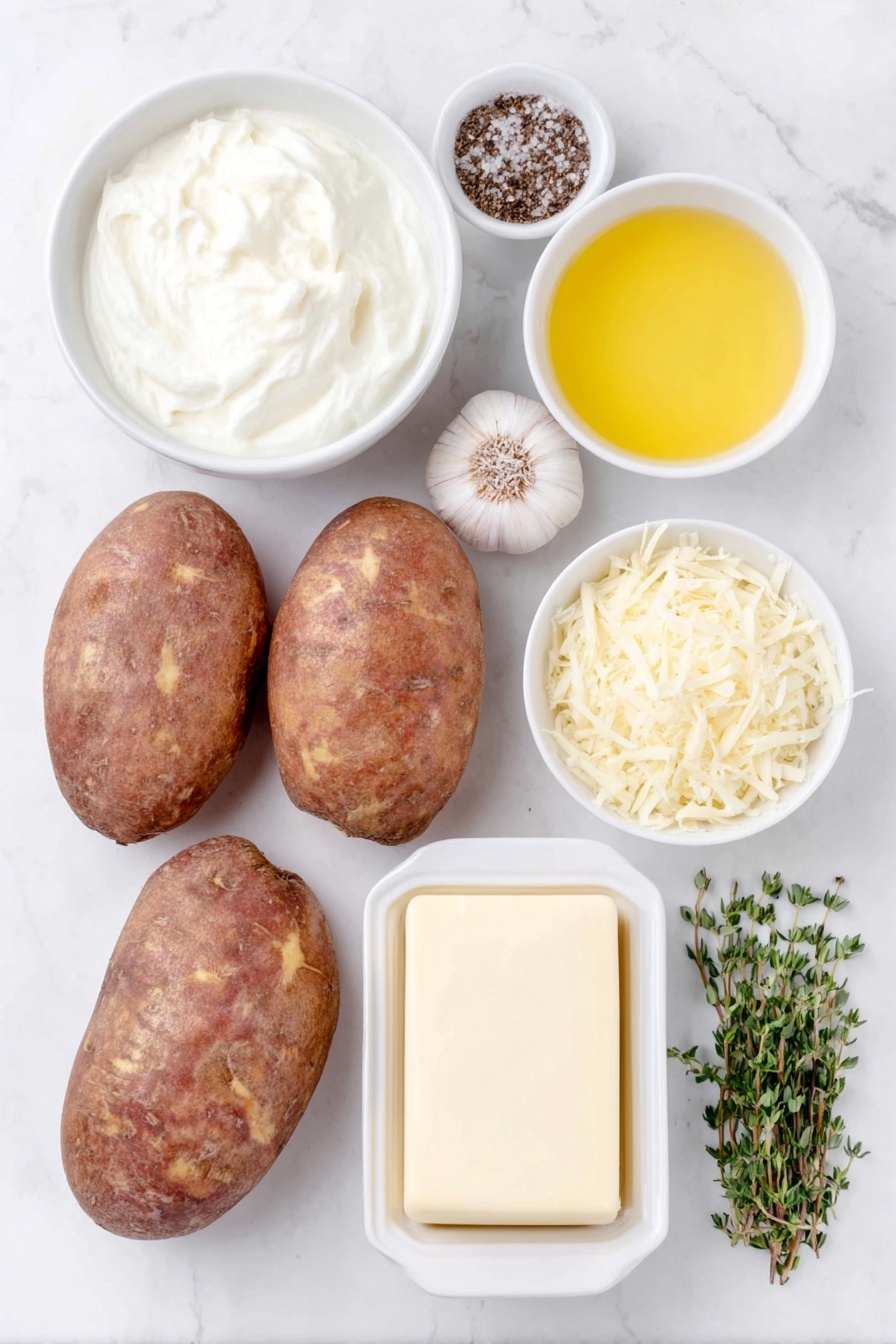 Flat lay of peeled russet potatoes sliced thinly arranged next to two whole uncracked brown garlic cloves, a small white ceramic bowl filled with full-fat cream, a small white ceramic bowl with melted golden butter, a small white ceramic bowl holding fresh green thyme leaves, a small white ceramic bowl with finely grated pale yellow gruyere cheese, a small white ceramic bowl containing fine white salt, and another small white ceramic bowl with freshly ground black pepper, all perfectly symmetrical and balanced, placed on a clean white marble surface, soft natural light, photo taken with an iPhone, professional food photography style, fresh ingredients, white ceramic bowls, no bottles, no duplicates, no utensils, no packaging --ar 2:3 --v 7 --p m7354615311229779997 - Creamy Potato Dauphinoise Bake, potato gratin, cheesy potato casserole, garlic potato bake, French potato side dish
