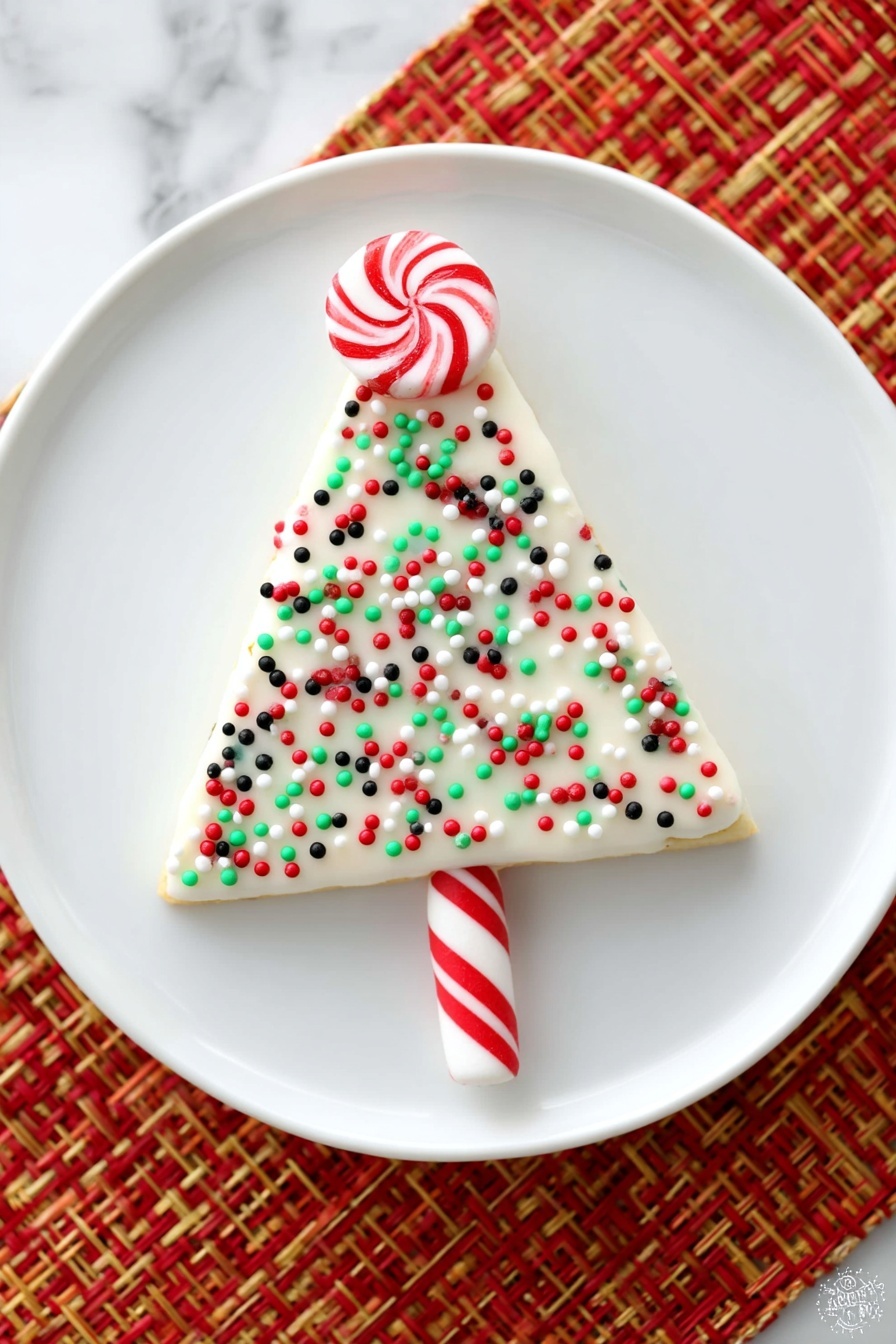 The image shows five triangular slices of a two-layer dessert arranged on a wooden board. Each slice has a thick beige base layer topped with a thick white cream layer covered in small red, green, and white round and stick sprinkles. A red and white striped candy stick is inserted horizontally into the wide end of each triangle, with a round peppermint candy attached to the tip of each candy stick on the left side. The background is a white marbled surface partially covered by a red, orange, and yellow woven cloth. photo taken with an iphone --ar 2:3 --v 7 - Festive Christmas Sheet Cake with Cream Cheese Frosting, Christmas sheet cake recipe, holiday dessert ideas, easy Christmas cake, festive holiday treats
