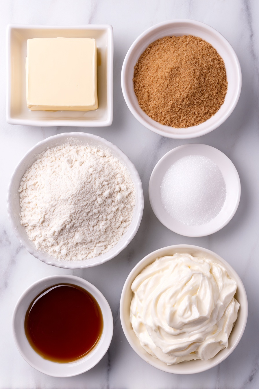 Flat lay of a small square of unsalted butter, a small white ceramic bowl filled with tightly packed light brown sugar, a small white ceramic bowl with thick golden syrup, a small white ceramic bowl holding all-purpose flour, a small white ceramic bowl containing ground ginger powder, a small white ceramic bowl of cold heavy whipping cream, a small white ceramic bowl with granulated sugar, and a small white ceramic bowl with clear brandy, all arranged in perfect symmetry on a clean white marble surface, soft natural light, photo taken with an iPhone, professional food photography style, fresh ingredients, white ceramic bowls, no bottles, no duplicates, no utensils, no packaging --ar 2:3 --v 7 --p m7354615311229779997 - British Brandy Snaps with Whipped Cream, how to make brandy snaps, classic British dessert recipes, crispy brandy snaps, whipped cream dessert ideas