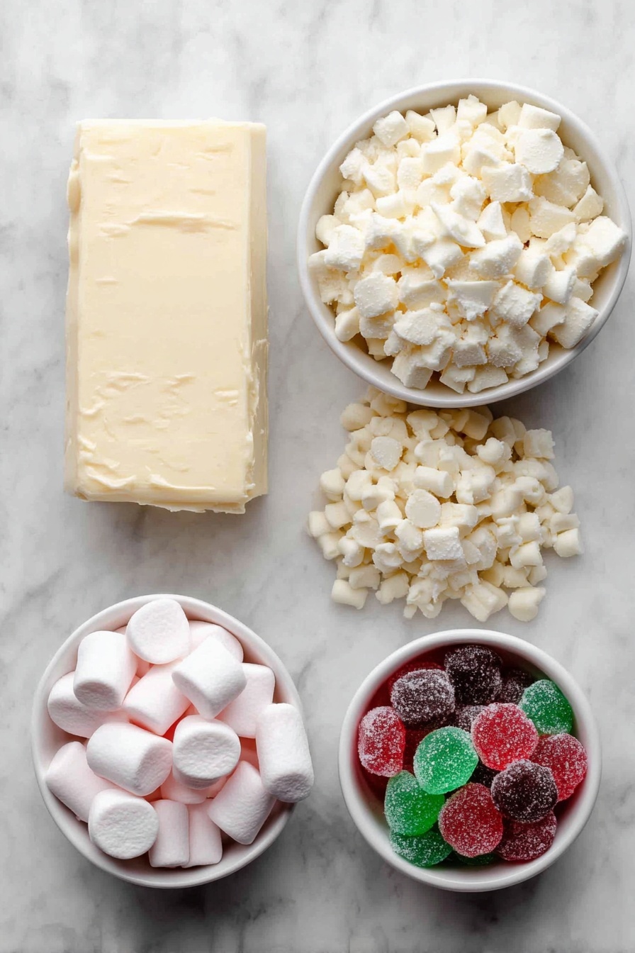 Flat lay of a small slab of pale yellow butter, a generous pile of creamy white chocolate chips, a bowl filled with soft white mini marshmallows, a simple white ceramic bowl holding halved red and green gumdrops, all arranged in perfect symmetry on a clean white marble surface, soft natural light, photo taken with an iPhone, professional food photography style, fresh ingredients, white ceramic bowls, no bottles, no duplicates, no utensils, no packaging --ar 2:3 --v 7 --p m7354615311229779997 - Christmas Gumdrop Nougat, festive holiday candy, no-bake Christmas treats, colorful chewy candy, holiday gift ideas