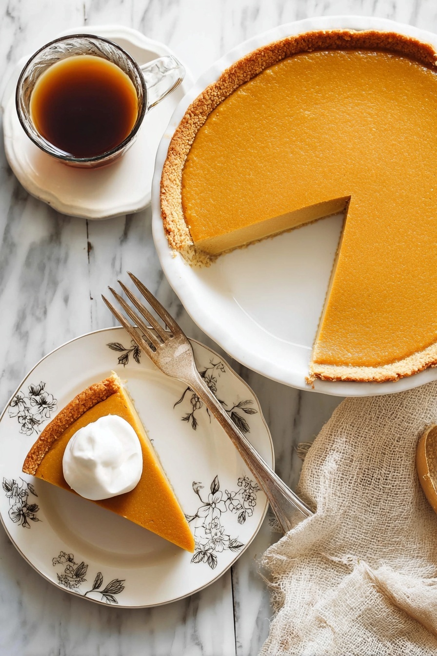 A round pumpkin pie with two visible layers is shown, with a smooth, orange top filling layer and a light brown crust at the bottom. One slice is missing from the pie, and the slice is placed on a white plate with floral decoration around the edge. The slice on the plate shows the same orange filling layer and crust. On top of the slice is a dollop of white whipped cream. Next to the slice, there is a silver fork resting on the plate. A glass cup of brown coffee and a beige cloth napkin sit nearby on a white marbled surface. photo taken with an iphone --ar 2:3 --v 7 - Maple Cheesecake, Maple Cheesecake Recipe, Autumn Cheesecake, Creamy Maple Dessert, Easy Maple Cheesecake