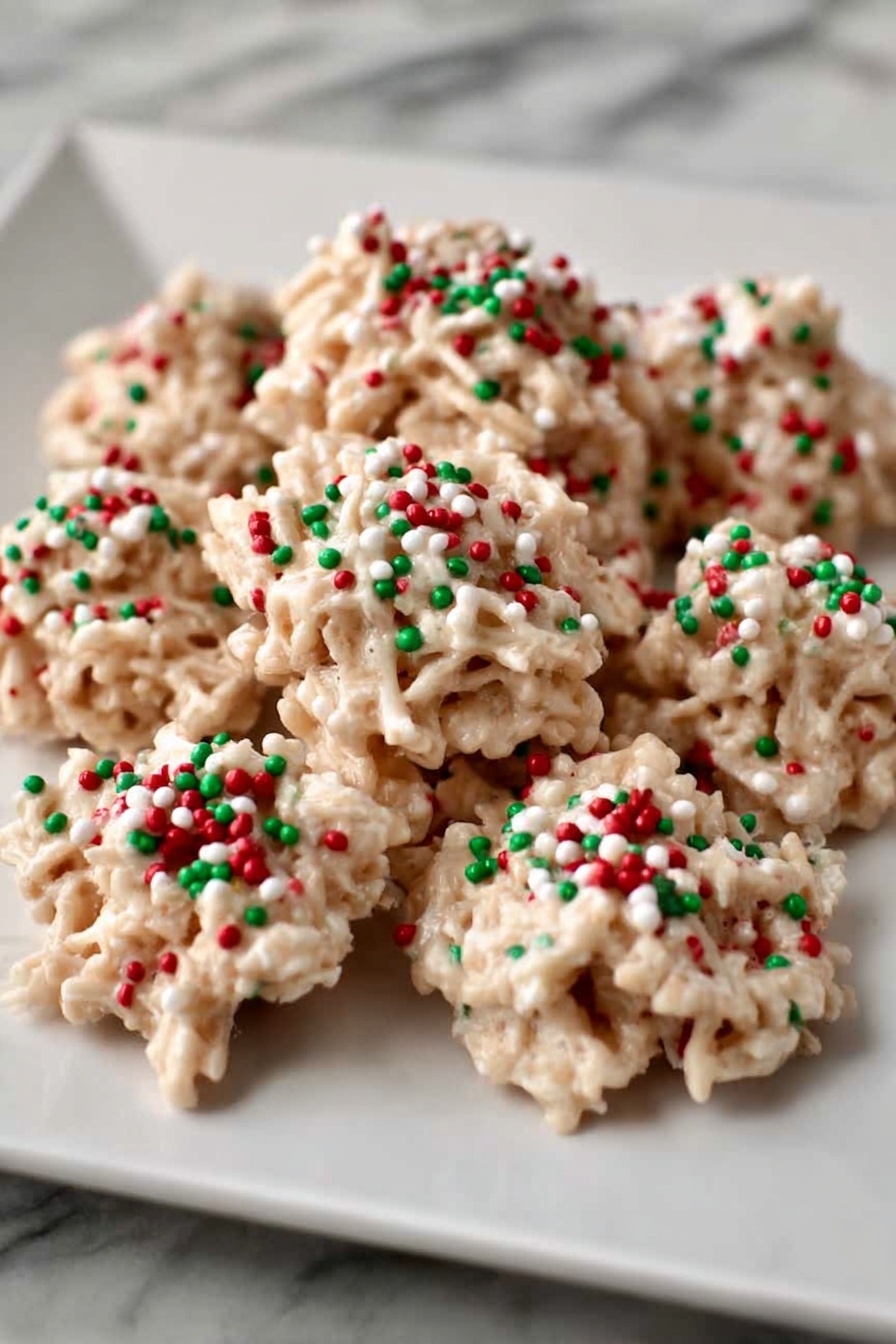 The image shows a white square plate holding about ten small clusters of a light beige mixture made from thin sticks coated in a creamy white substance. Each cluster is topped with small red and green sprinkles scattered unevenly on the surface, adding a festive touch. The clusters are arranged loosely in a group on a white marbled surface. The texture of the clusters looks slightly rough and sticky with visible strands sticking out. Photo taken with an iphone --ar 2:3 --v 7 - Holiday Chocolate Peanut Noodle Cookies, easy holiday cookies, festive dessert recipes, quick peanut noodle treats, chocolate peanut cookies
